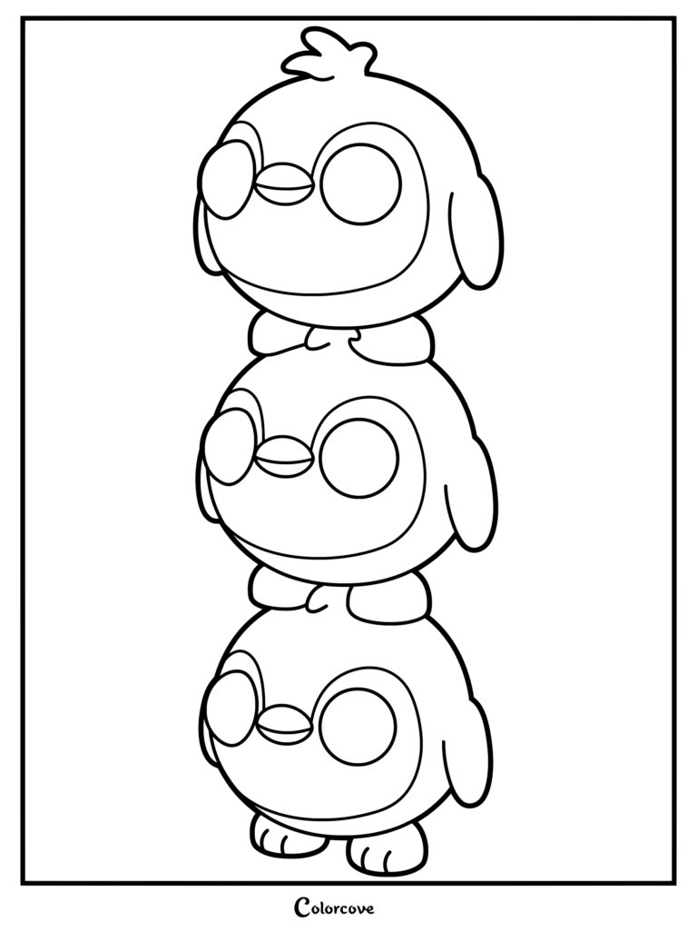 Dibujo para colorear e imprimir de tres Pingüinos Dango apilados del juego Adopt Me! en Roblox.