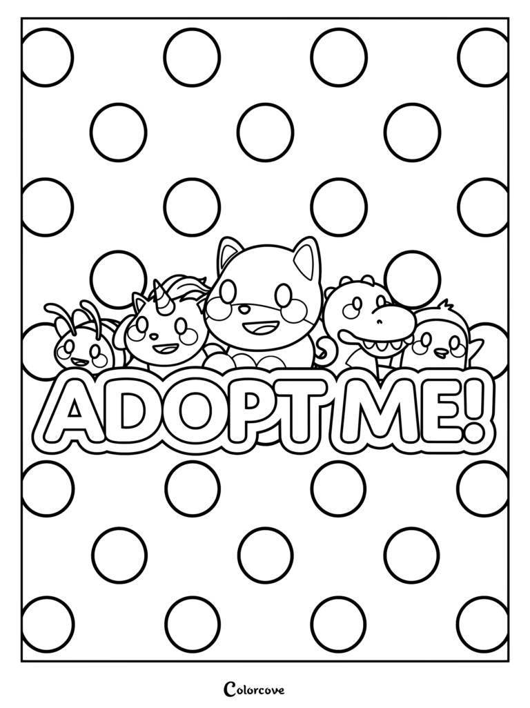 Página para colorear del logotipo de Adopt Me! con personajes del popular juego en línea de Roblox