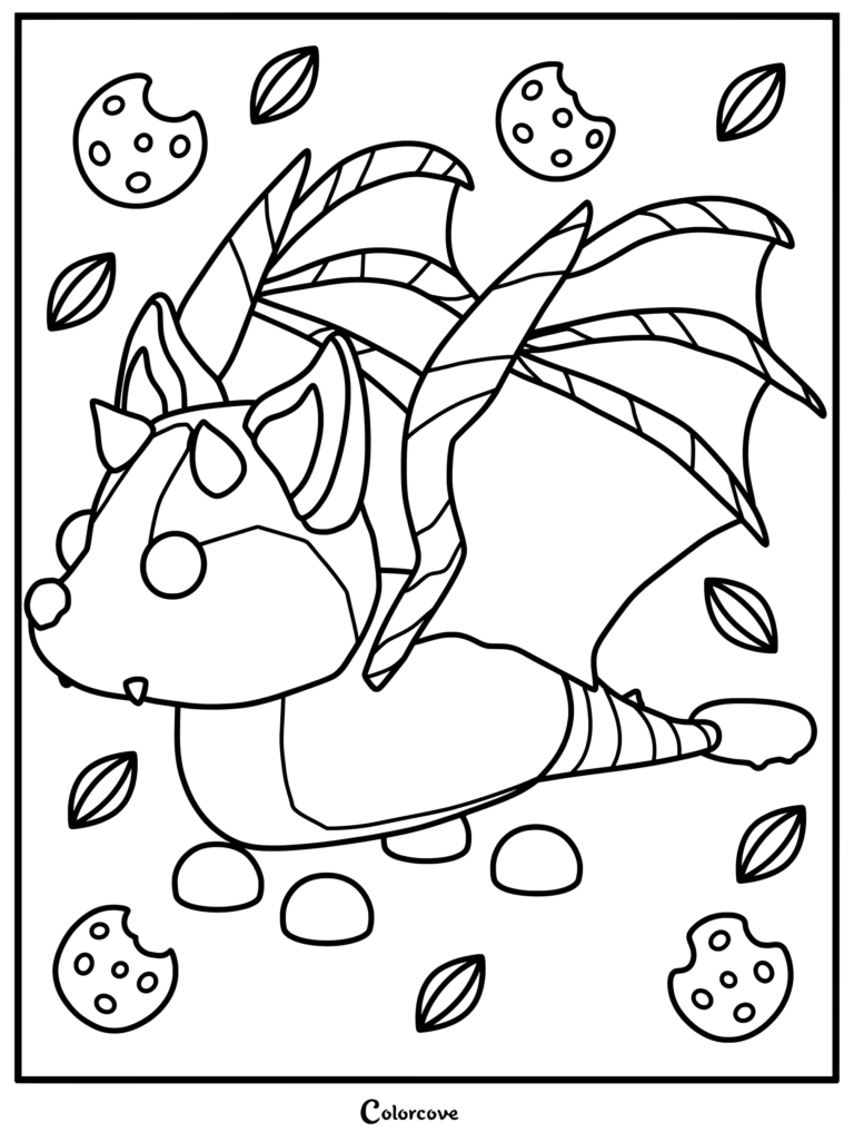 Página para colorear del Chocolate Chip Bat Dragon del juego Adopt Me! rodeado de galletas