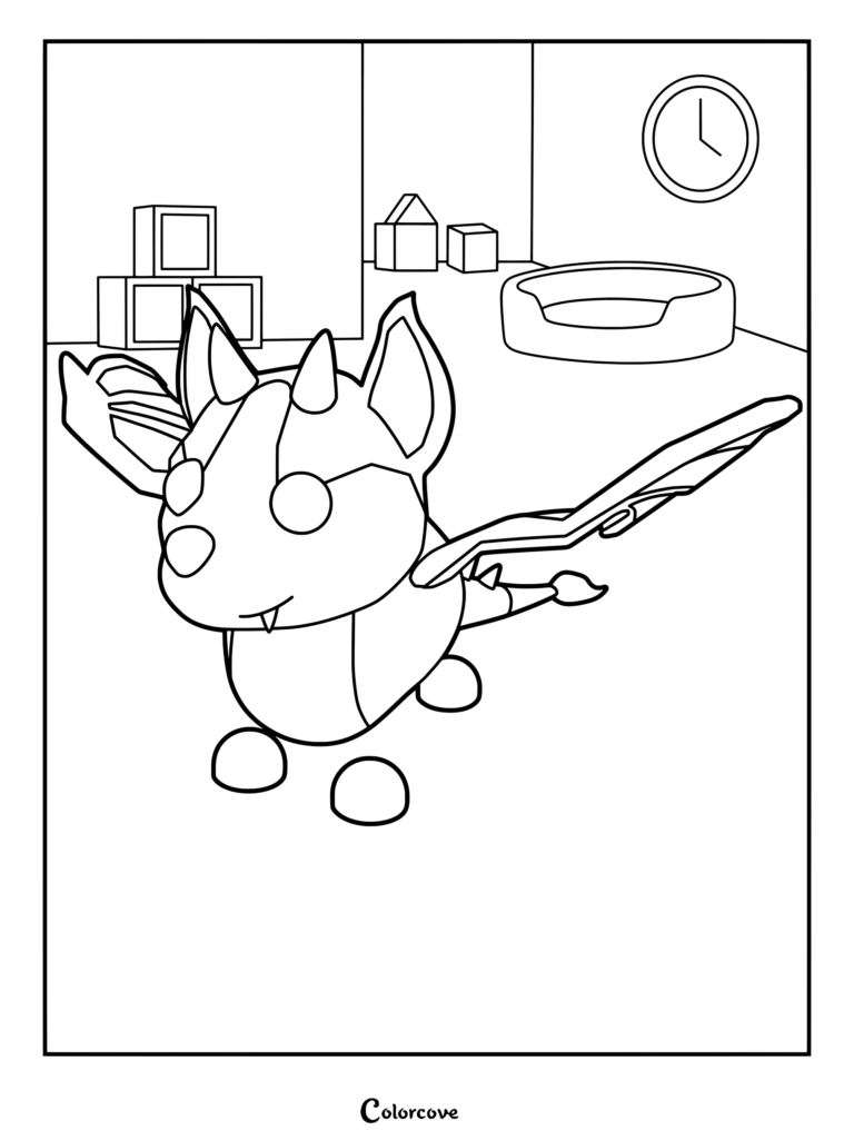 Página para colorear de Bat Dragon de Adopt Me! en una habitación con su cama para mascotas y juguetes