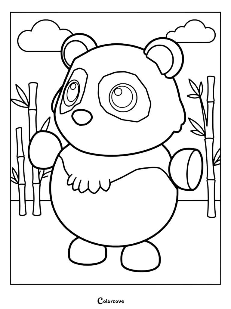 Página para colorear imprimible de la mascota Panda Gigante de Roblox Adopt Me! entre cañas de bambú