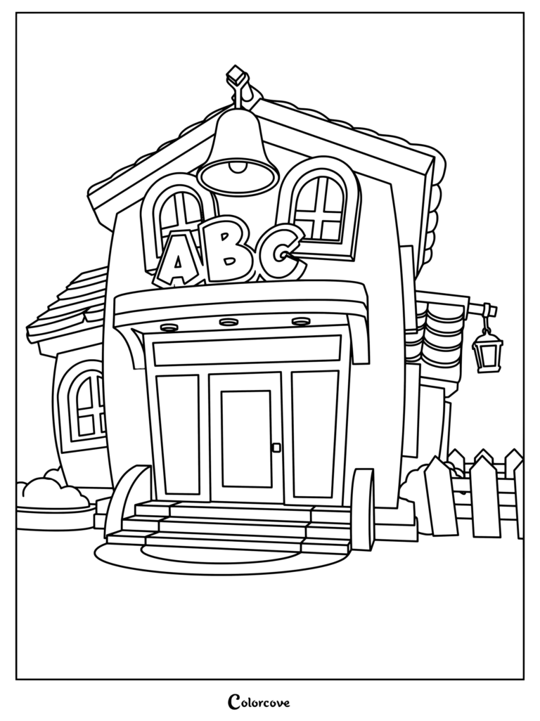 El edificio de la Escuela del juego Adopt Me!, ubicado en la Isla de Adopción, con un letrero ABC y una gran campana, listo como página para colorear