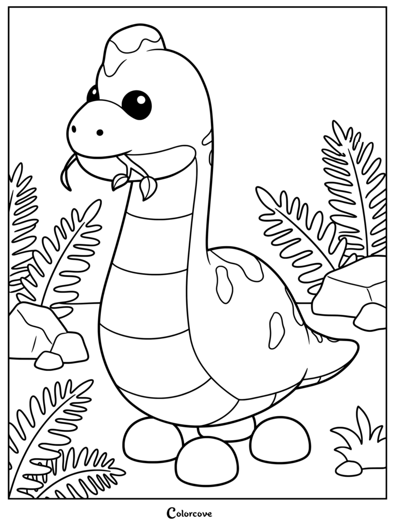 Página para colorear del Braquiosaurio de Adopt Me! sosteniendo una rama frondosa en la boca entre helechos