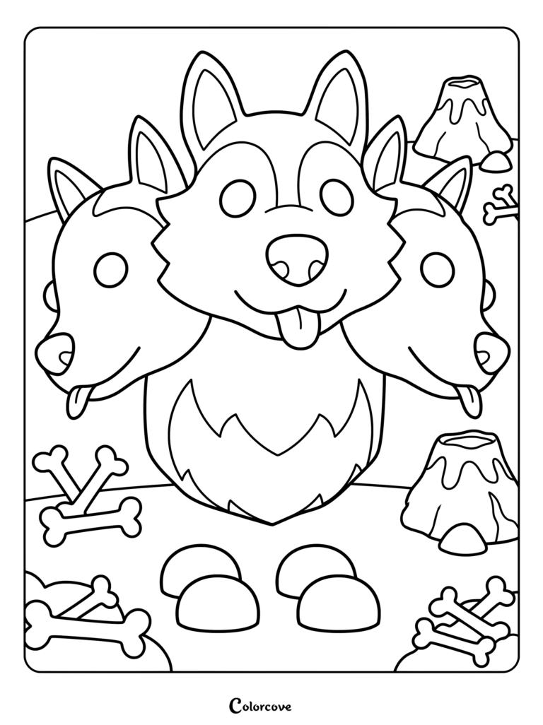Página para colorear de Cérbero, la mascota de tres cabezas de Adopt Me!, rodeada de huesos y volcanes