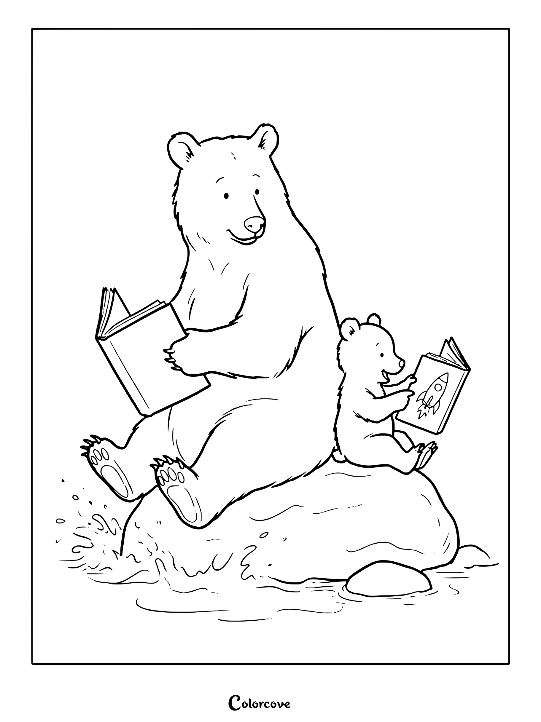 Un coloriage d'ours mignon présentant un grand ours et son ourson lisant des livres sur un rocher dans l'eau.
