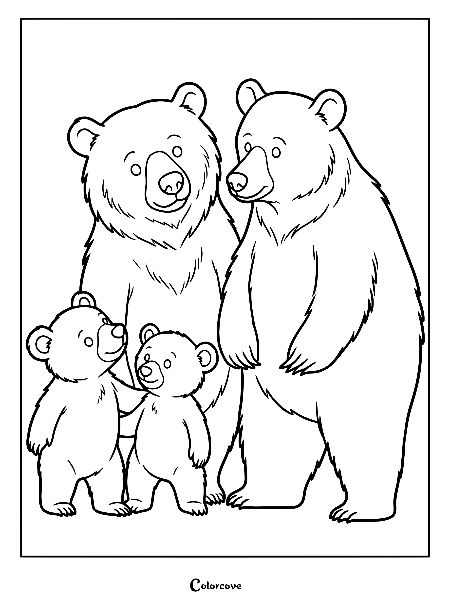 Un coloriage d'une famille d'ours mignon présentant deux grands ours adultes debout de manière protectrice derrière deux petits oursons.