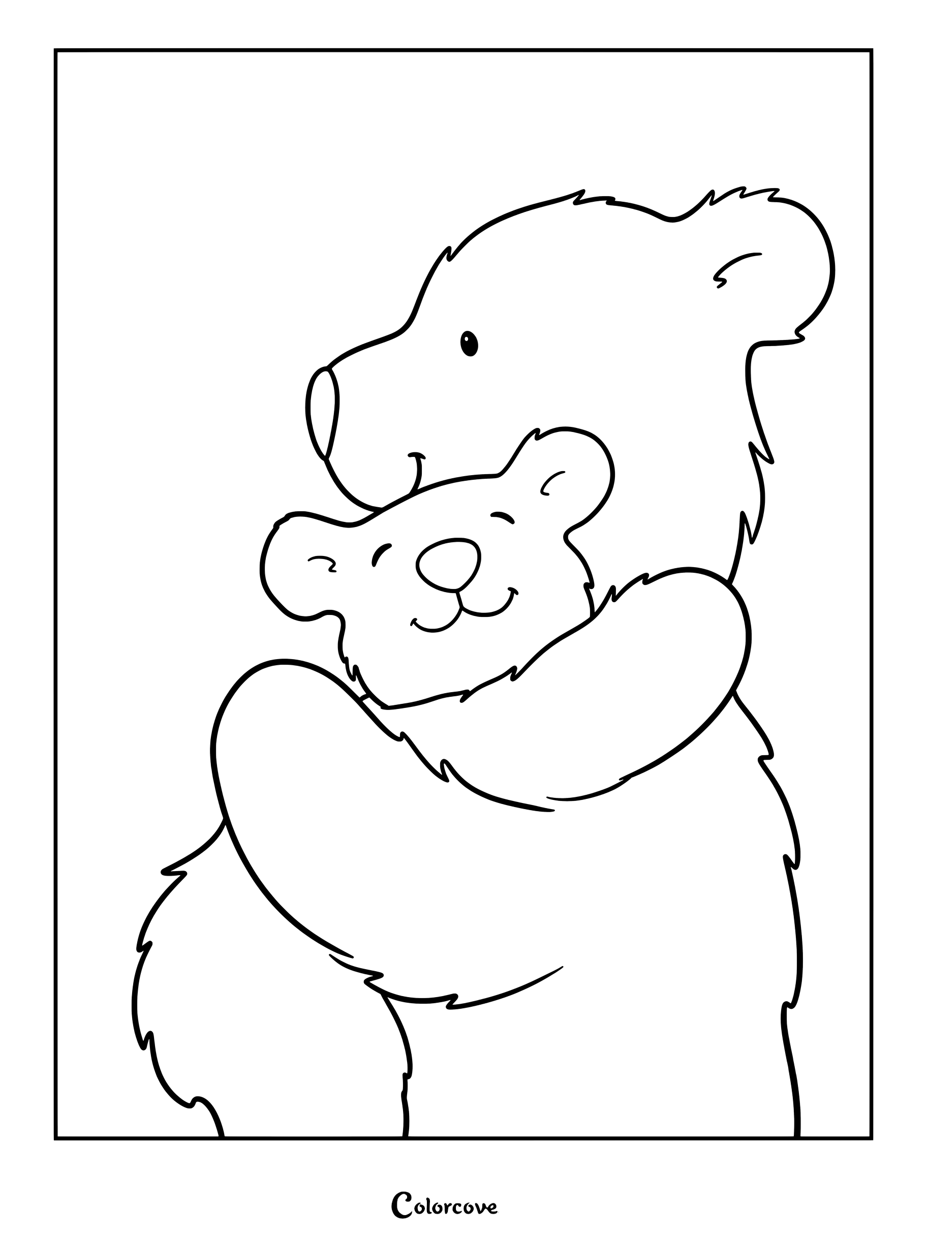 Un ours mignon faisant un câlin chaleureux à un petit ourson souriant sur ce coloriage à imprimer.