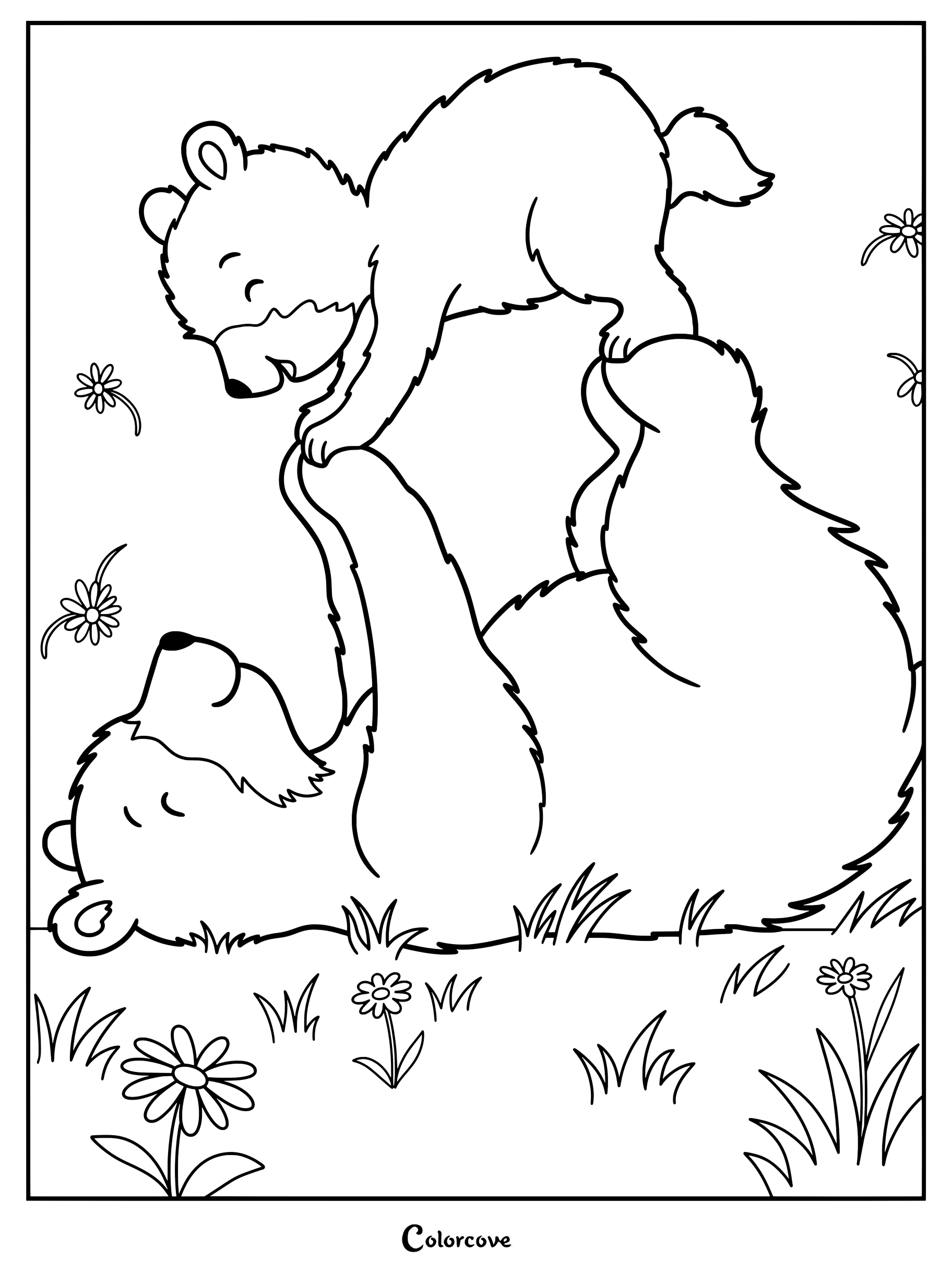 Un coloriage d'une maman ours mignon allongée sur le dos et soulevant son adorable ourson dans les airs.
