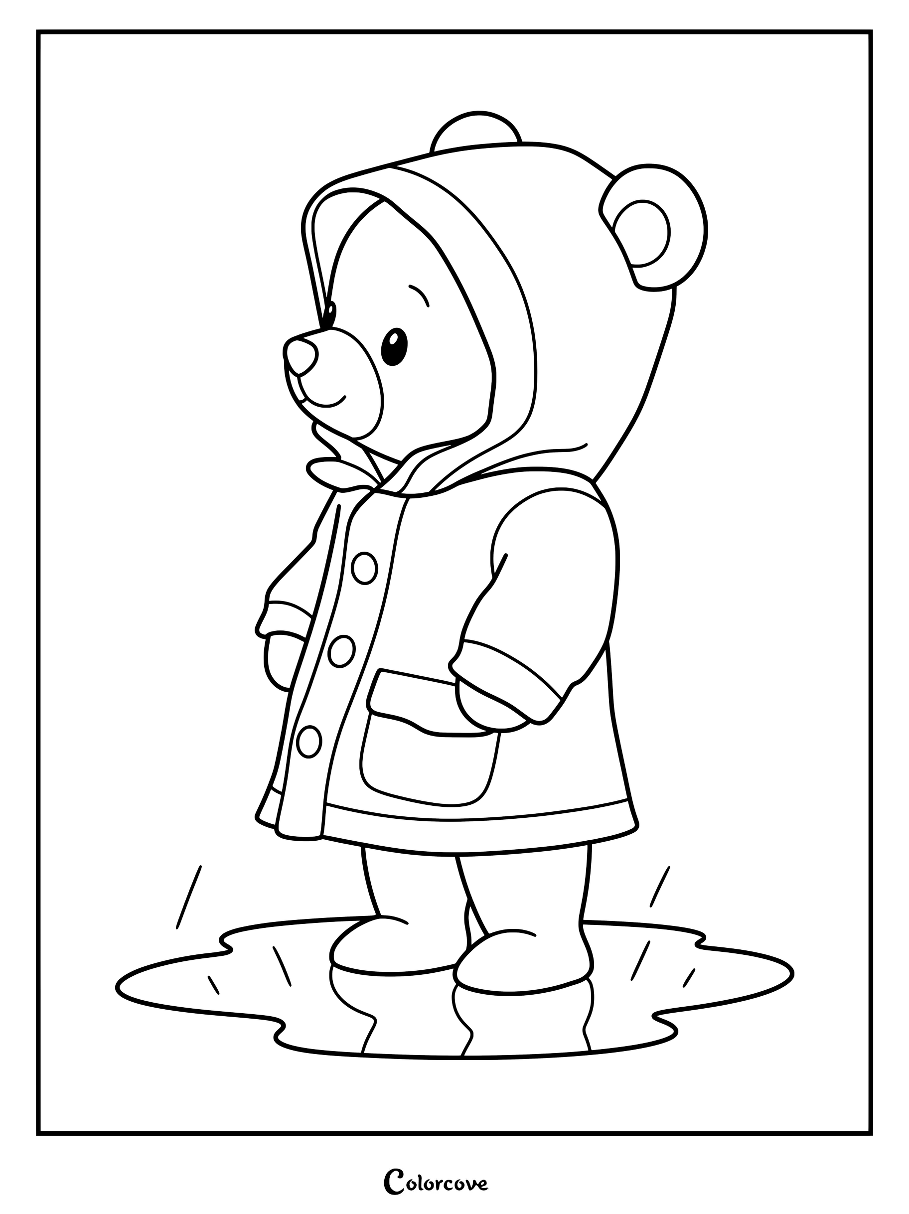 Coloriage d'un ours mignon portant un imperméable à capuche et debout dans une flaque d'eau