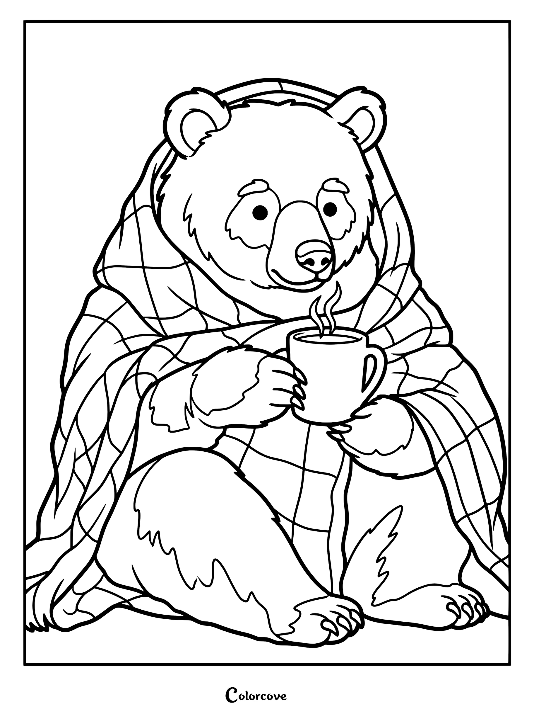 Un ours mignon enveloppé dans une couverture à carreaux et tenant une tasse de café fumante dans ce coloriage douillet