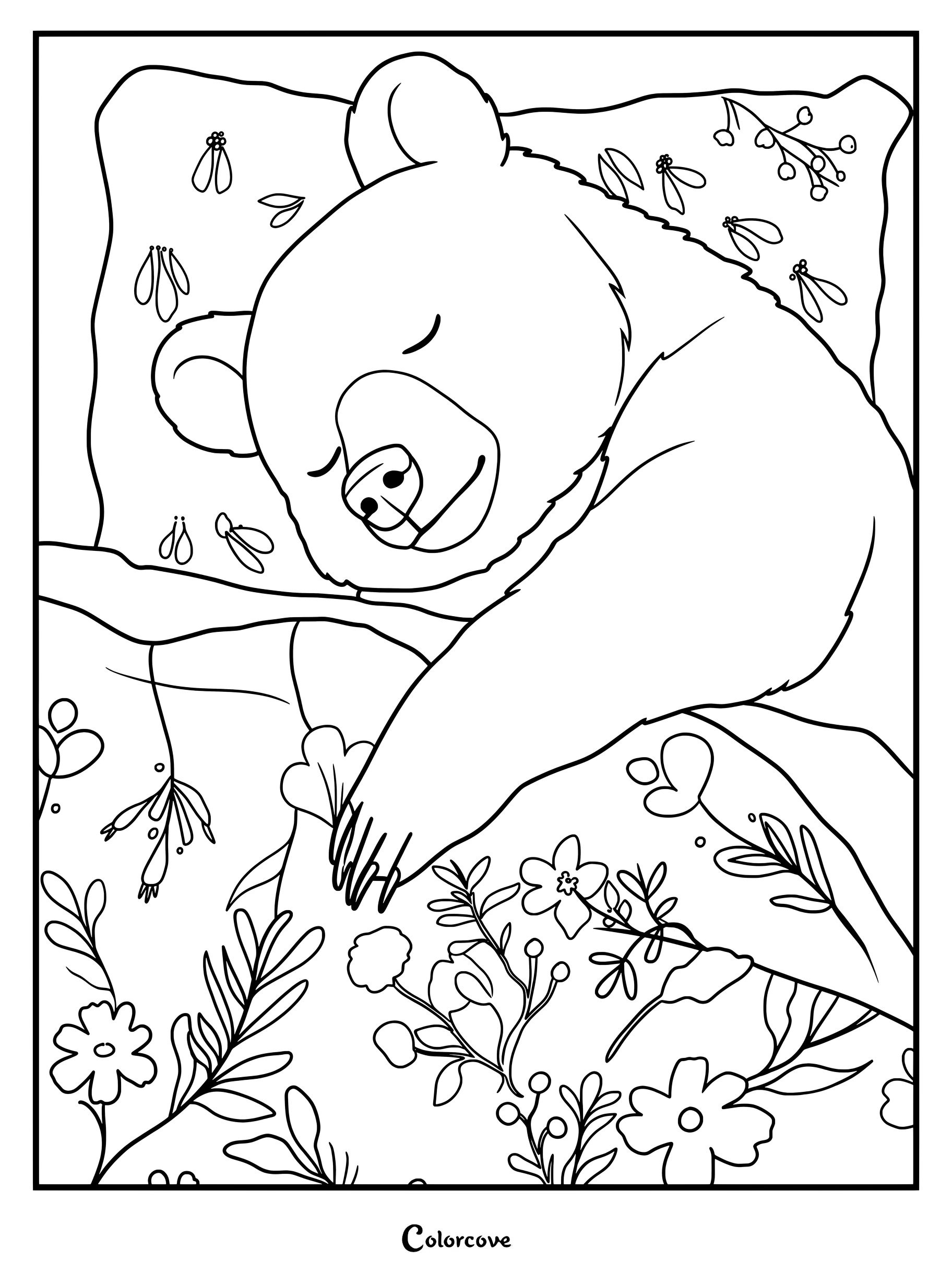 Un ours mignon dormant paisiblement sur un oreiller et une couverture à motifs floraux sur ce coloriage à imprimer.