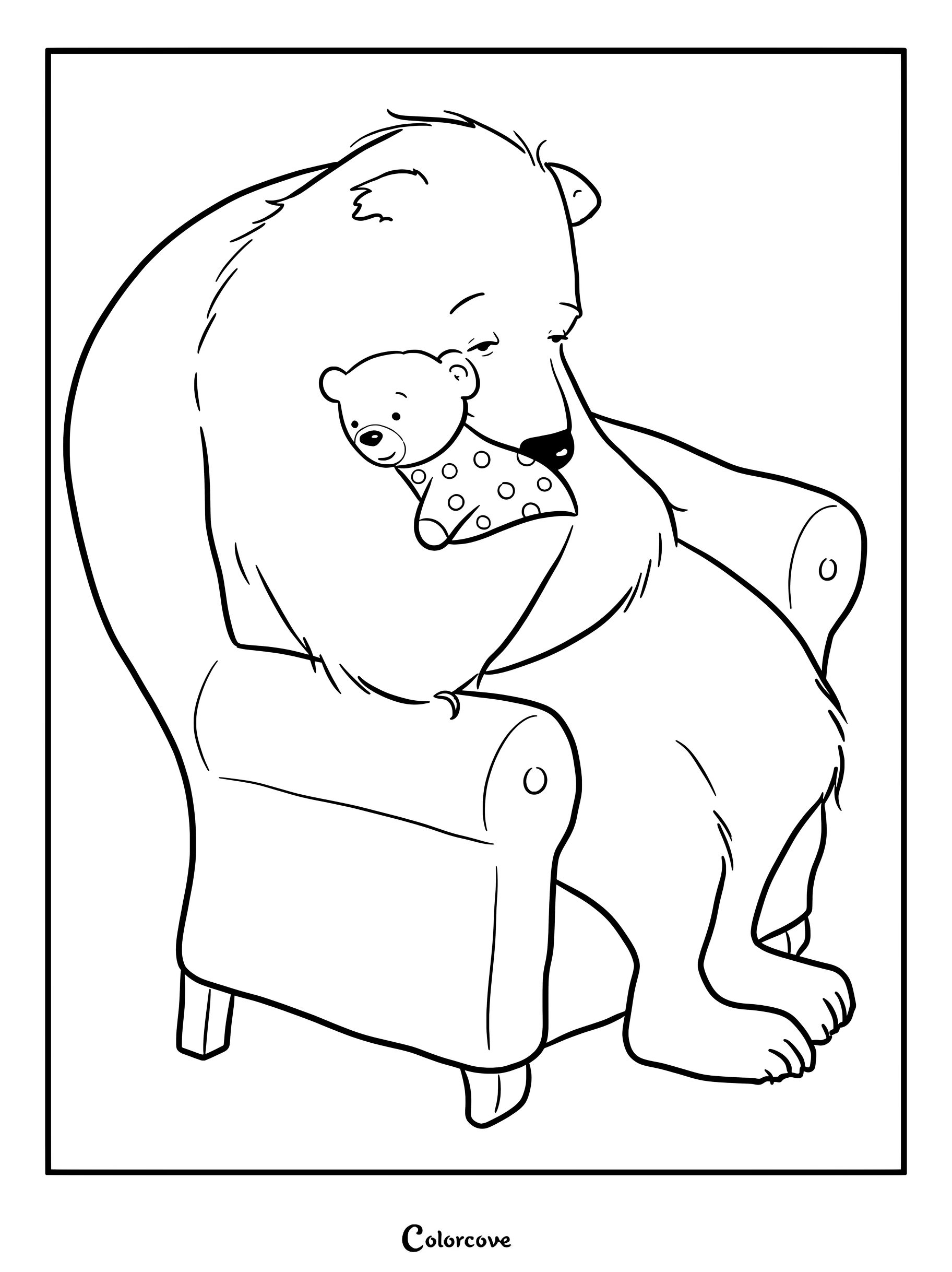 Coloriage d'un ours mignon assis dans un fauteuil et tenant un petit ours en peluche à pois