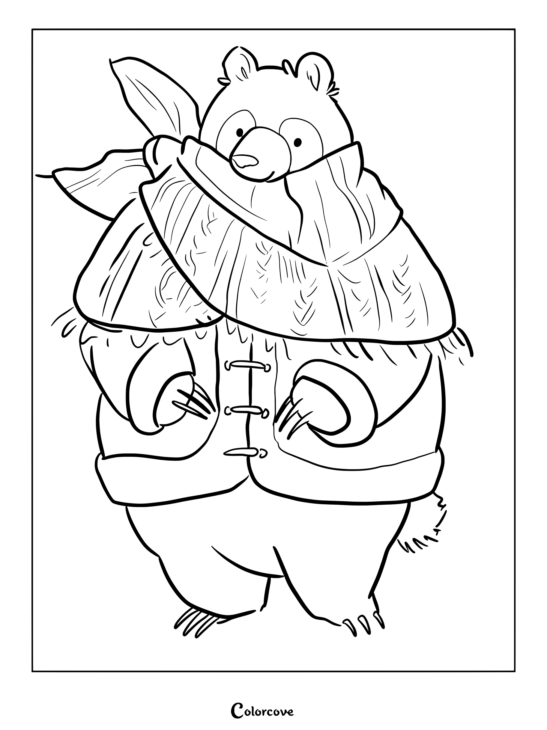 Un ours mignon portant une écharpe en tricot douillette et un manteau boutonné dans ce coloriage à imprimer.
