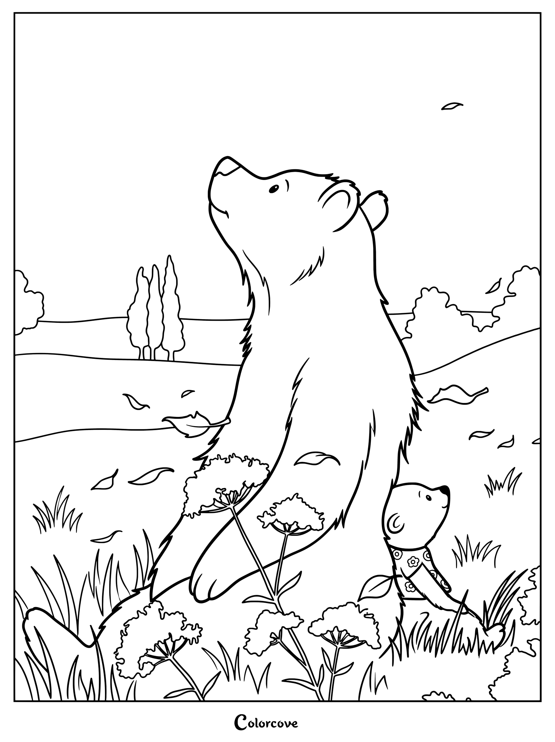 Un coloriage d'ours mignon présentant un grand ours et un petit ourson observant les feuilles d'automne tomber dans un champ d'herbe.