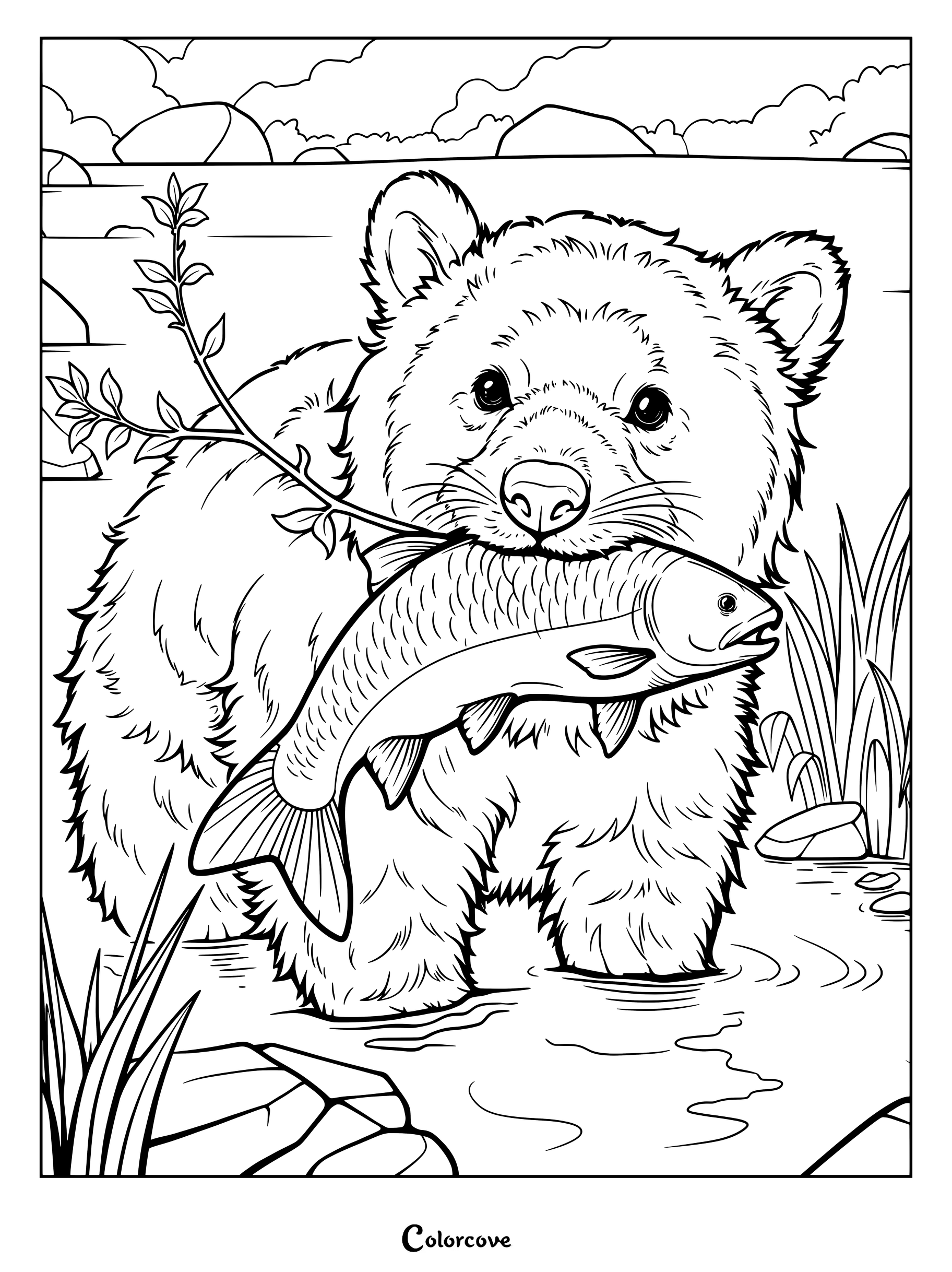Coloriage d'un ours mignon tenant un poisson dans sa bouche au milieu d'une rivière