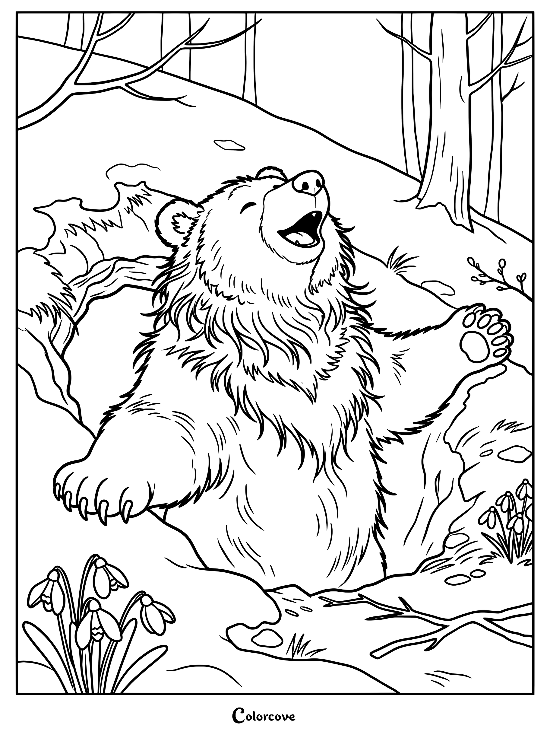 Un ours mignon s'étirant et rugissant en se réveillant de son hibernation dans une forêt enneigée sur ce coloriage.