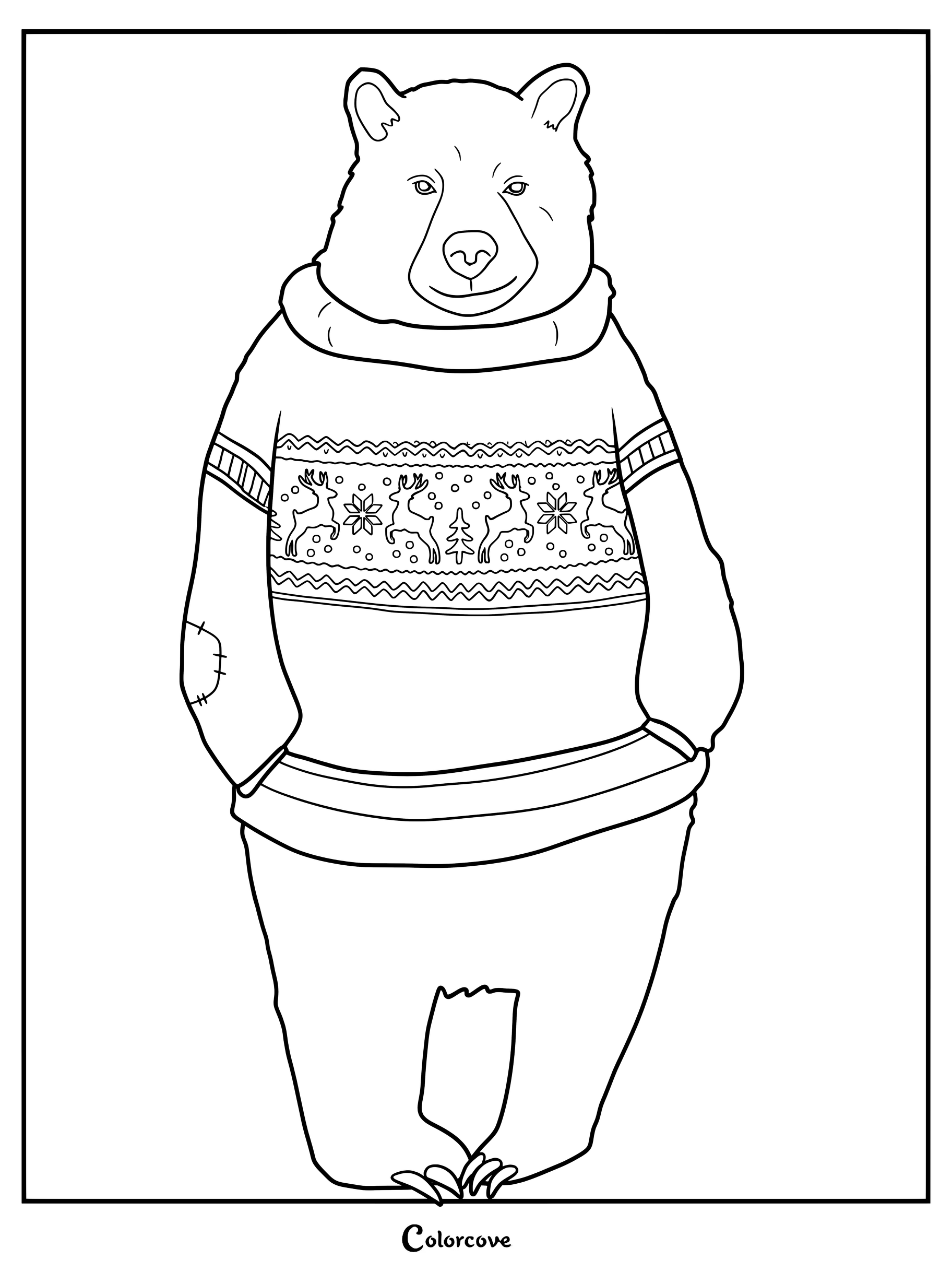 Coloriage d'un ours mignon portant un pull de fête festif avec des motifs de rennes