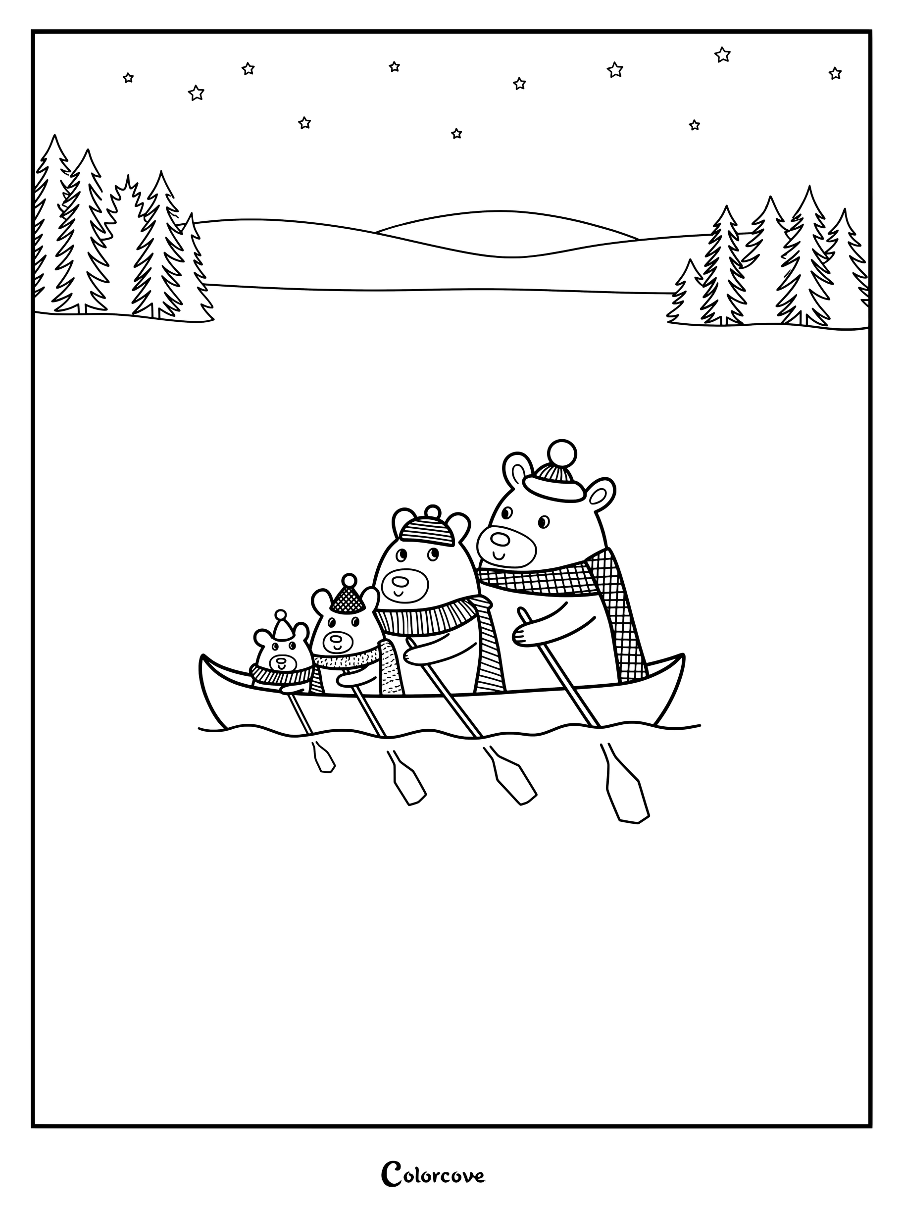 Une famille de quatre ours mignon portant des bonnets et des écharpes d'hiver pagayant en canoë sur un lac étoilé sur ce coloriage.