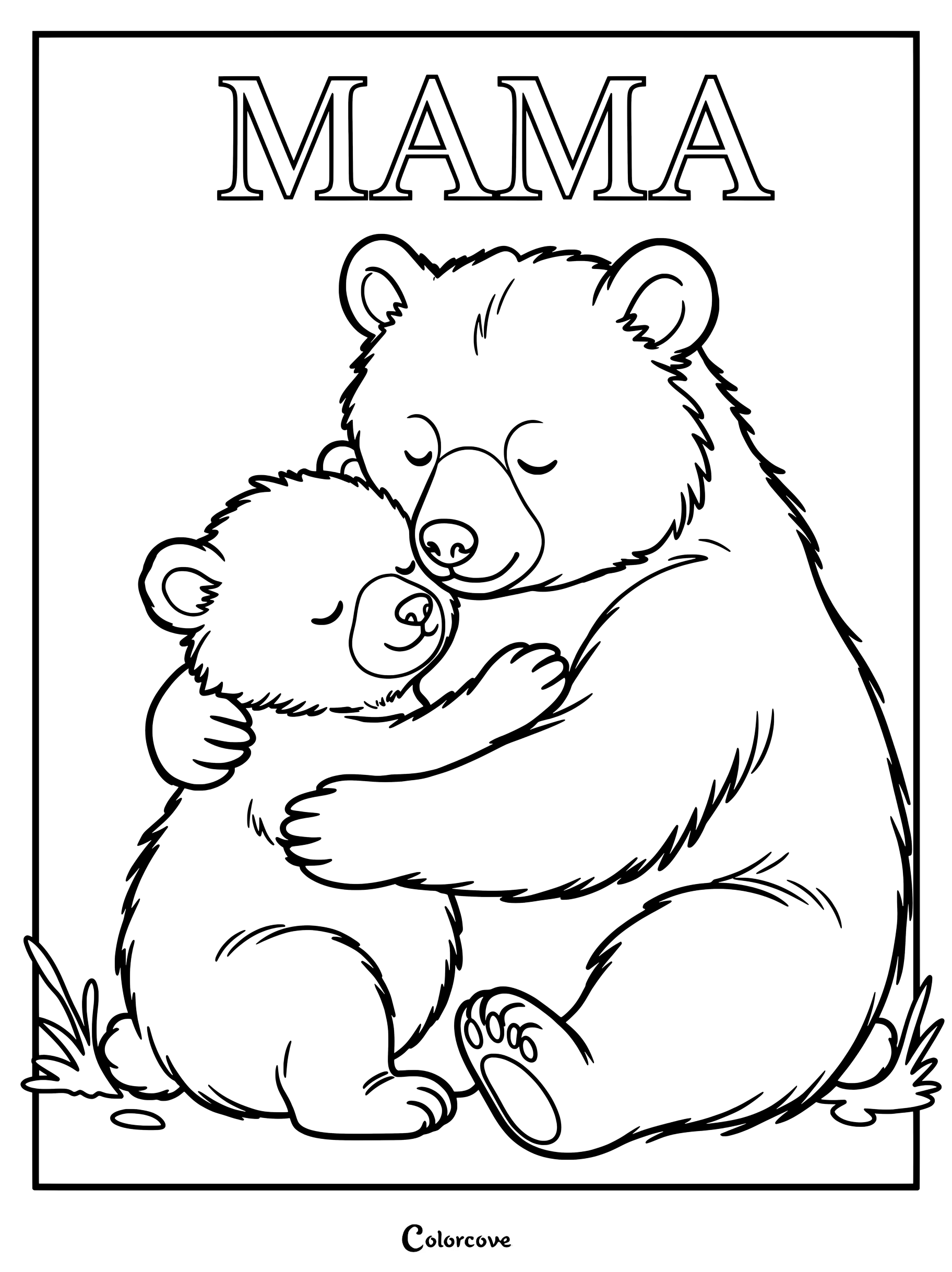 Une maman ours mignon serrant son doux ourson sous l'inscription MAMA en gras sur ce coloriage émouvant.