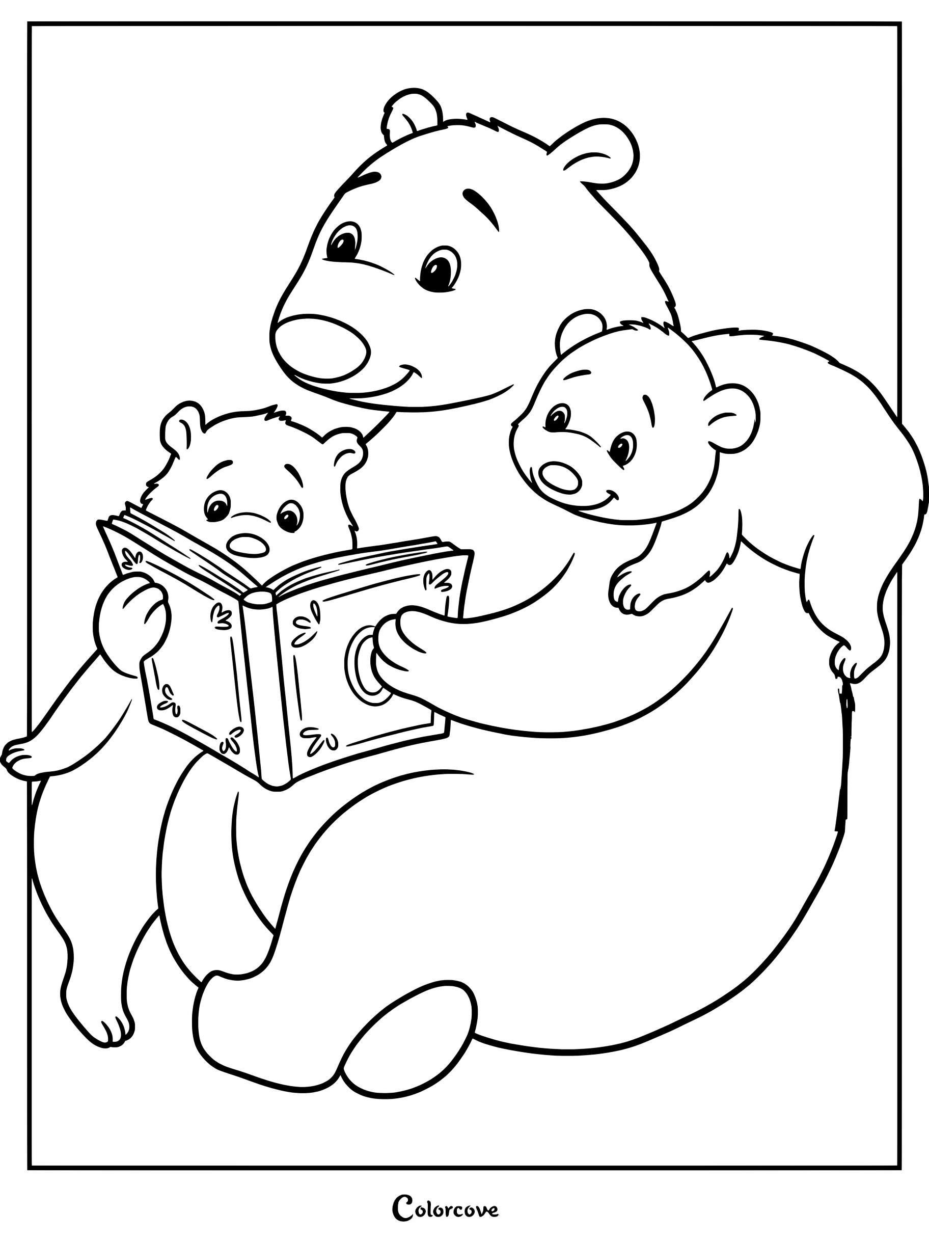 Un ours mignon tenant un livre d'histoires ouvert avec deux adorables oursons sur ce coloriage détaillé.