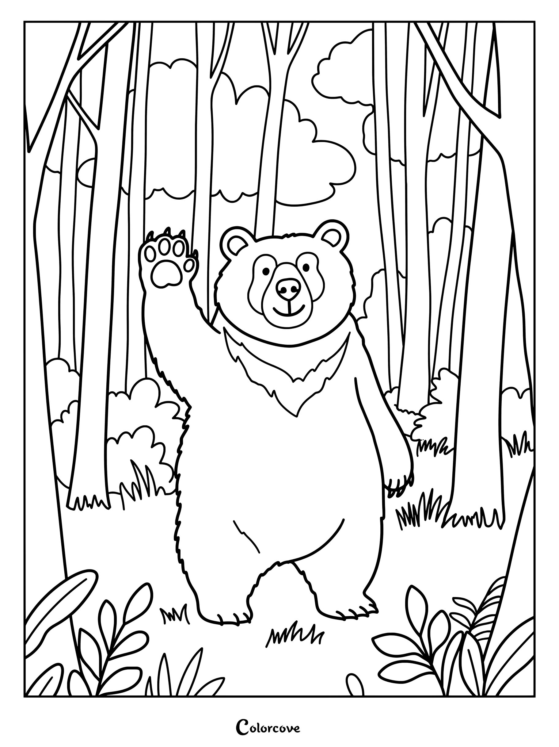 Un ours mignon agitant la patte dans une forêt dense sur ce coloriage.