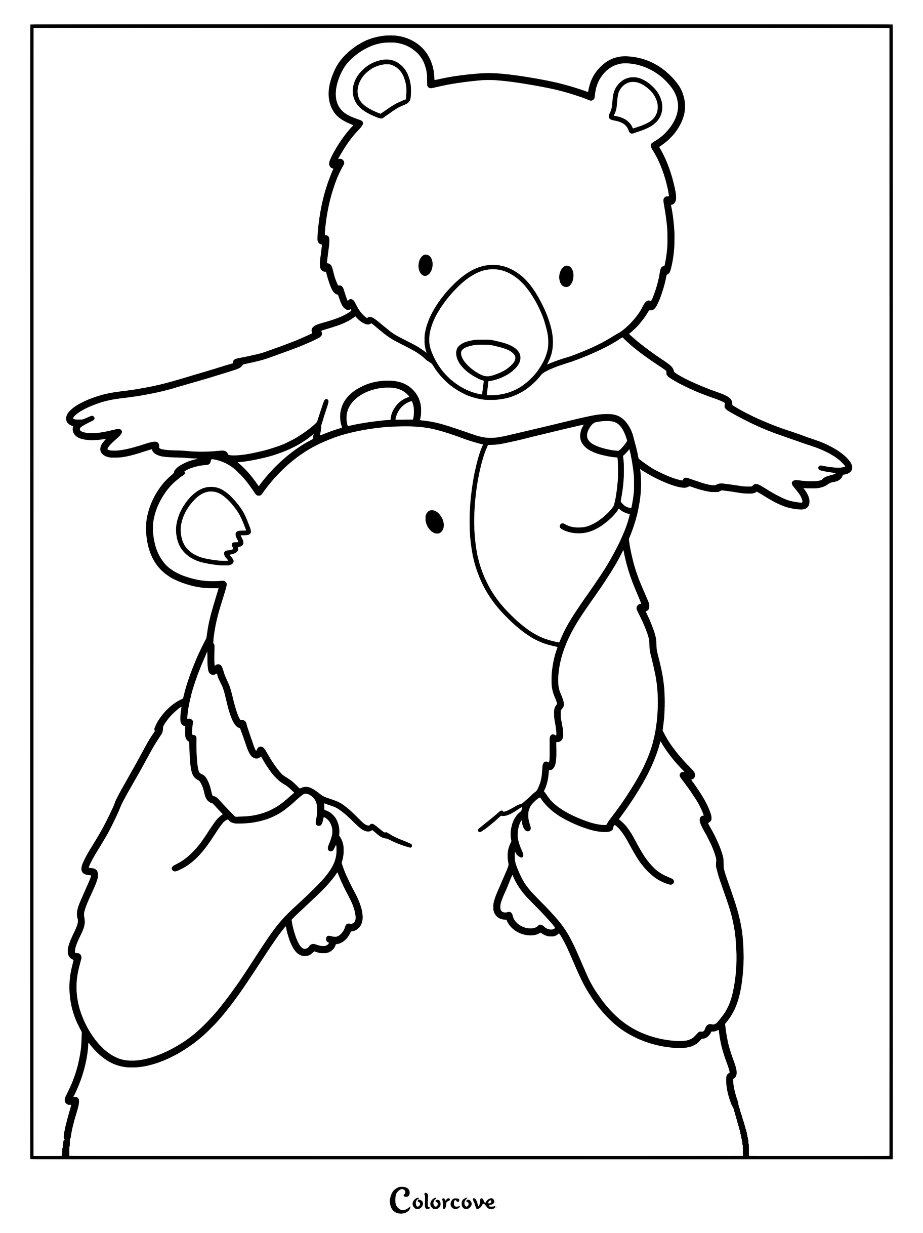 Un ourson d'ours mignon chevauchant les épaules d'un parent plus grand sur un coloriage mignon.