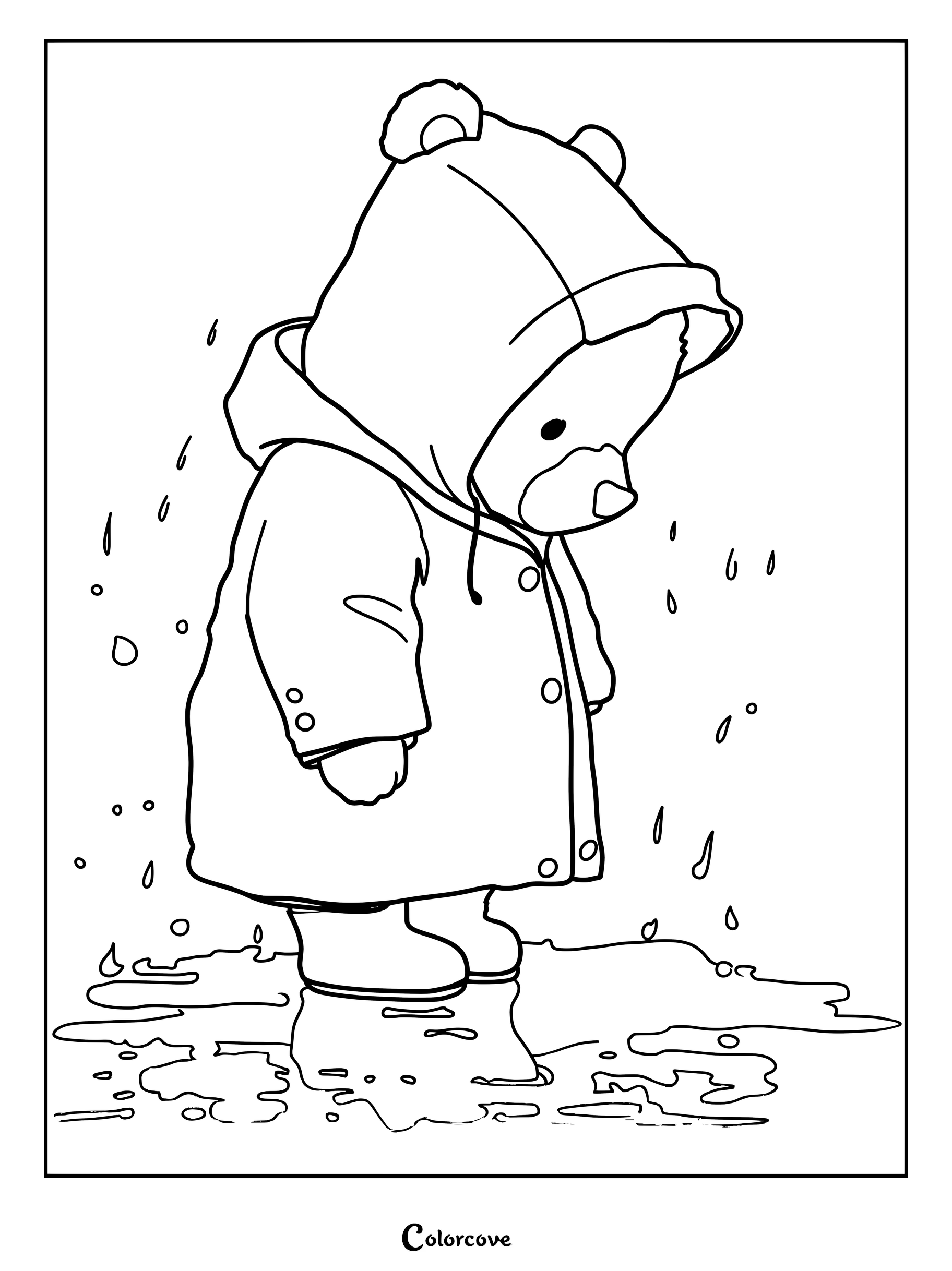 Coloriage à imprimer d'un ours mignon portant un imperméable à capuche et des bottes en caoutchouc dans une flaque sous la pluie