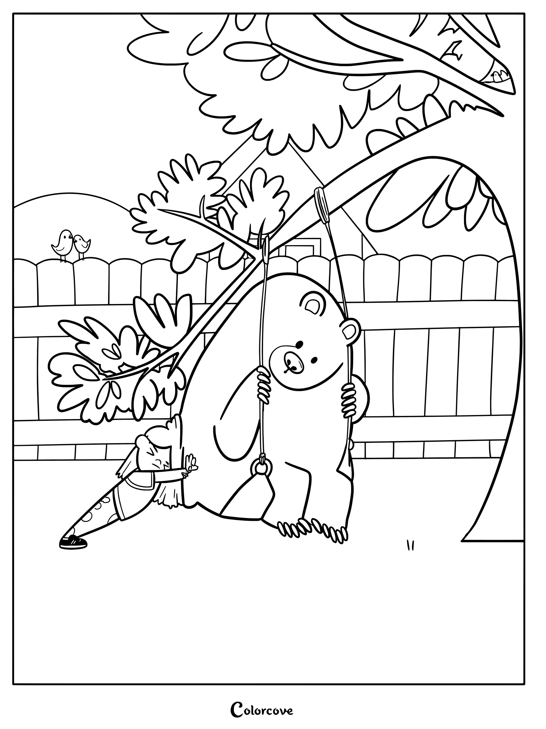 Une petite fille pousse un ours mignon sur une balançoire en corde suspendue à un grand arbre sur ce coloriage à imprimer.