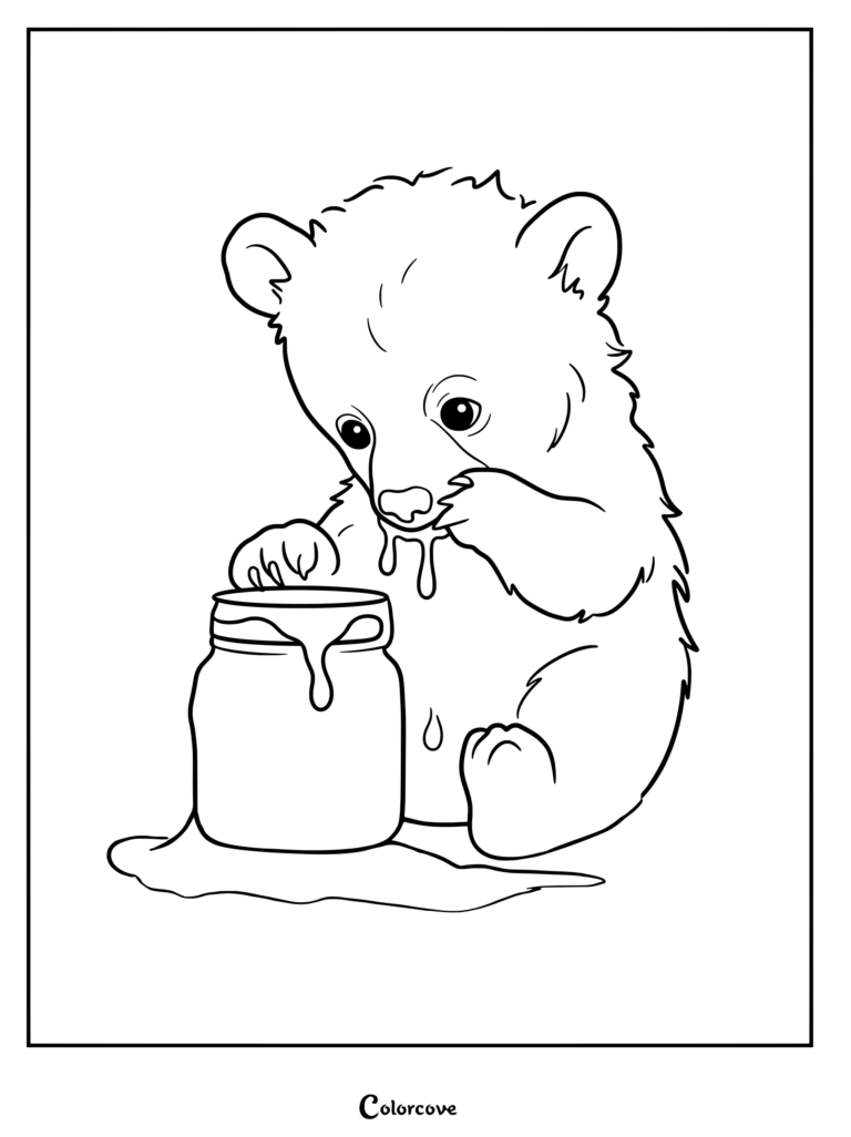 Un osezno de oso tierno comiendo miel de un tarro con la cara manchada en un dibujo para colorear e imprimir.