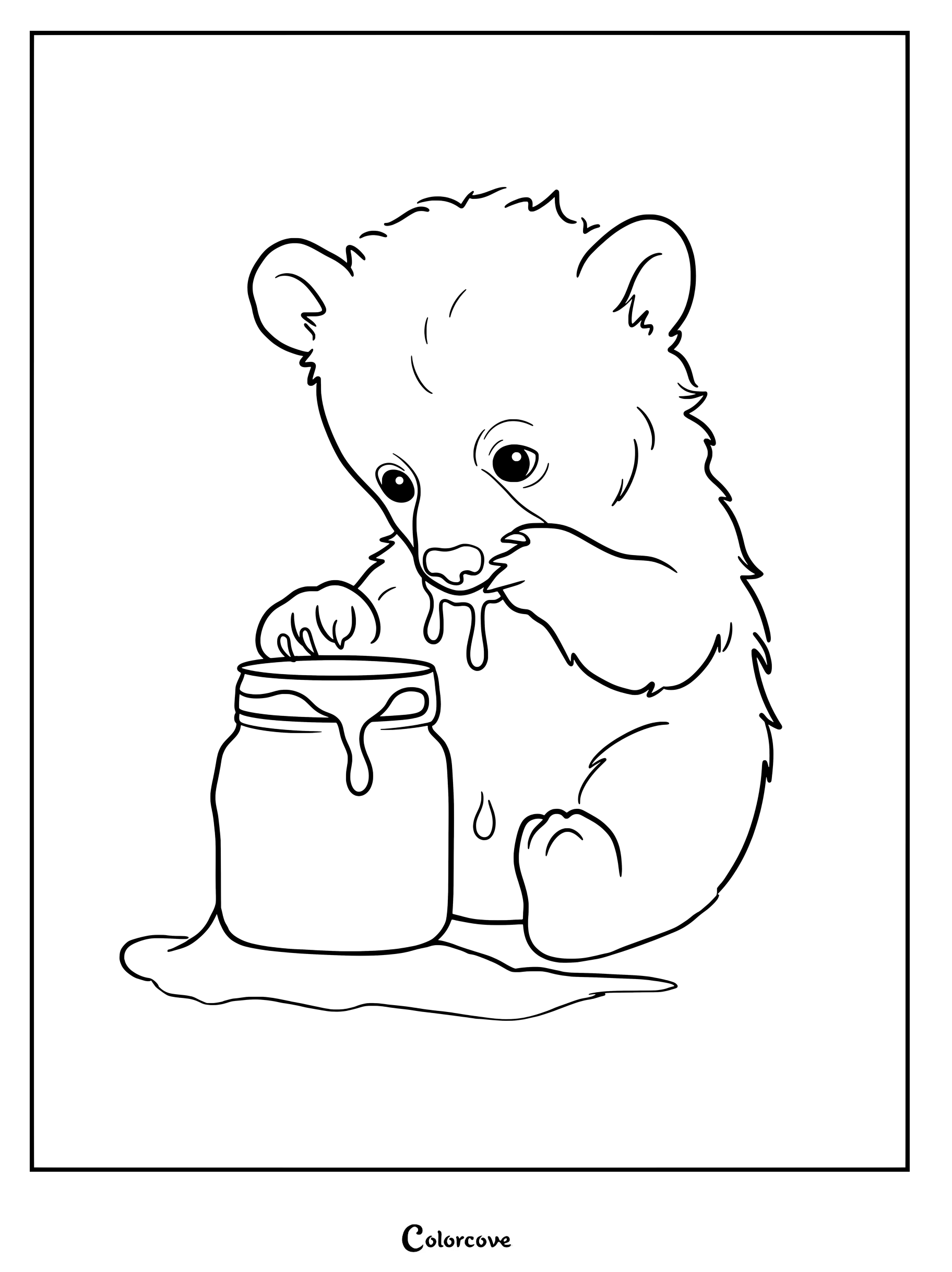 Un ourson d'ours mignon mangeant du miel dans un pot avec le visage barbouillé sur un coloriage à imprimer.