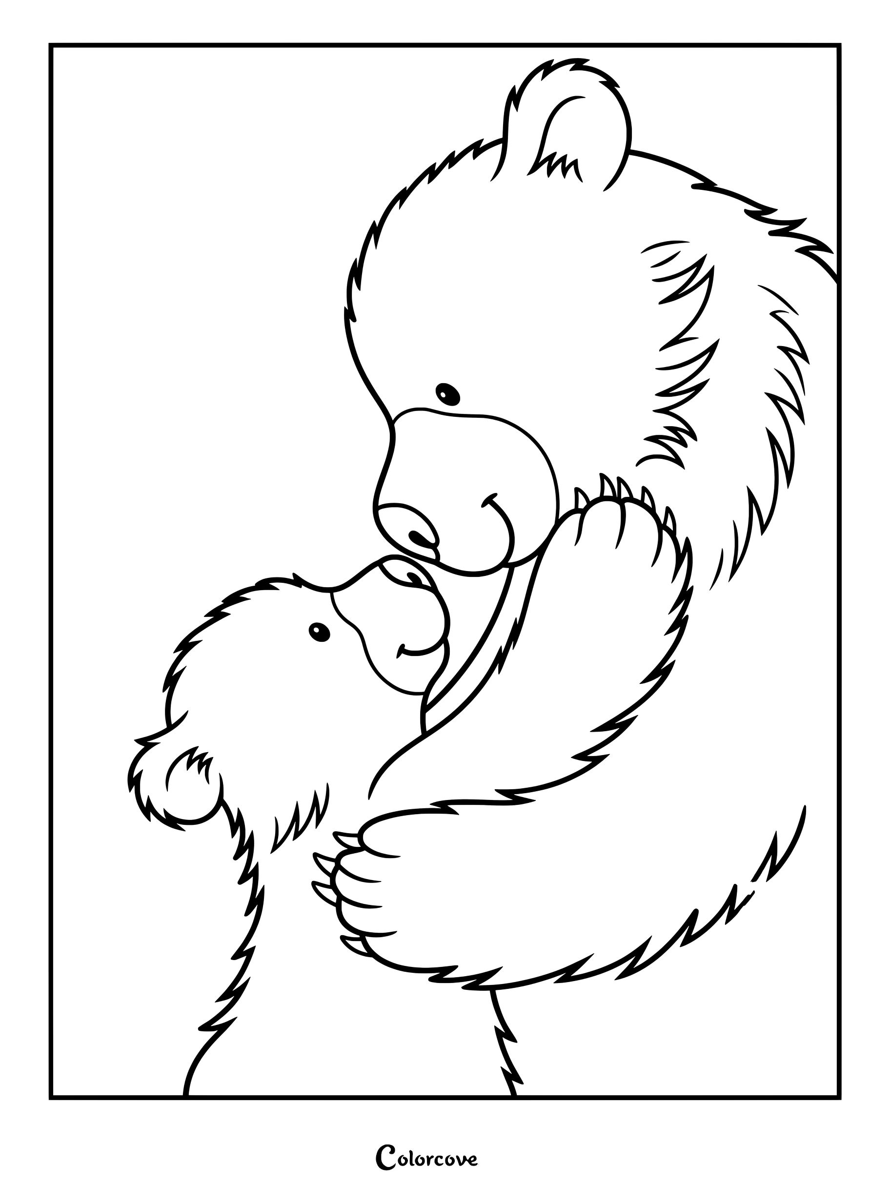 Un ours mignon serrant son petit ourson dans ses bras sur ce coloriage émouvant à imprimer.