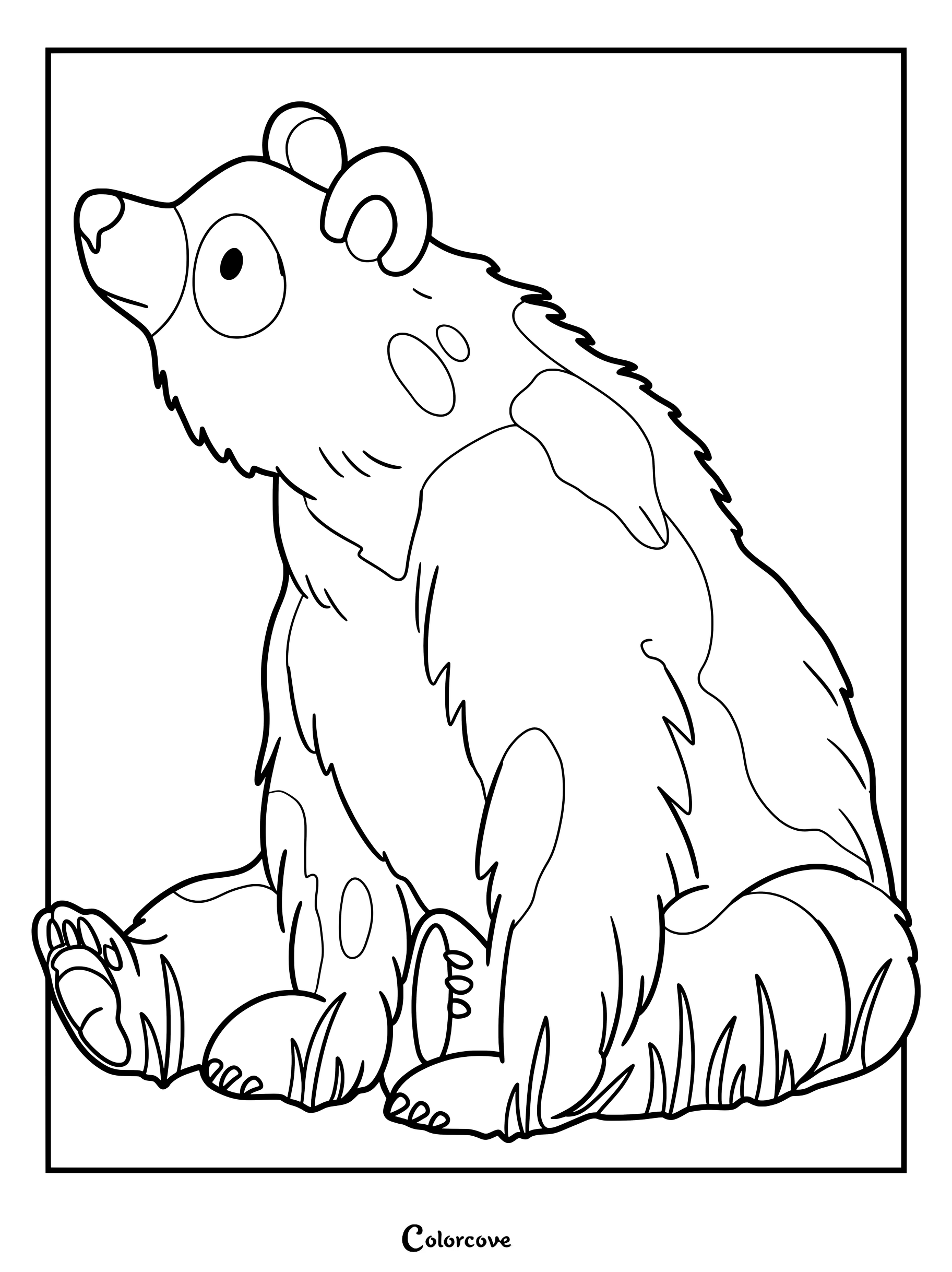 Un coloriage d'un ours mignon le montrant assis et regardant vers le haut avec des tracés détaillés.