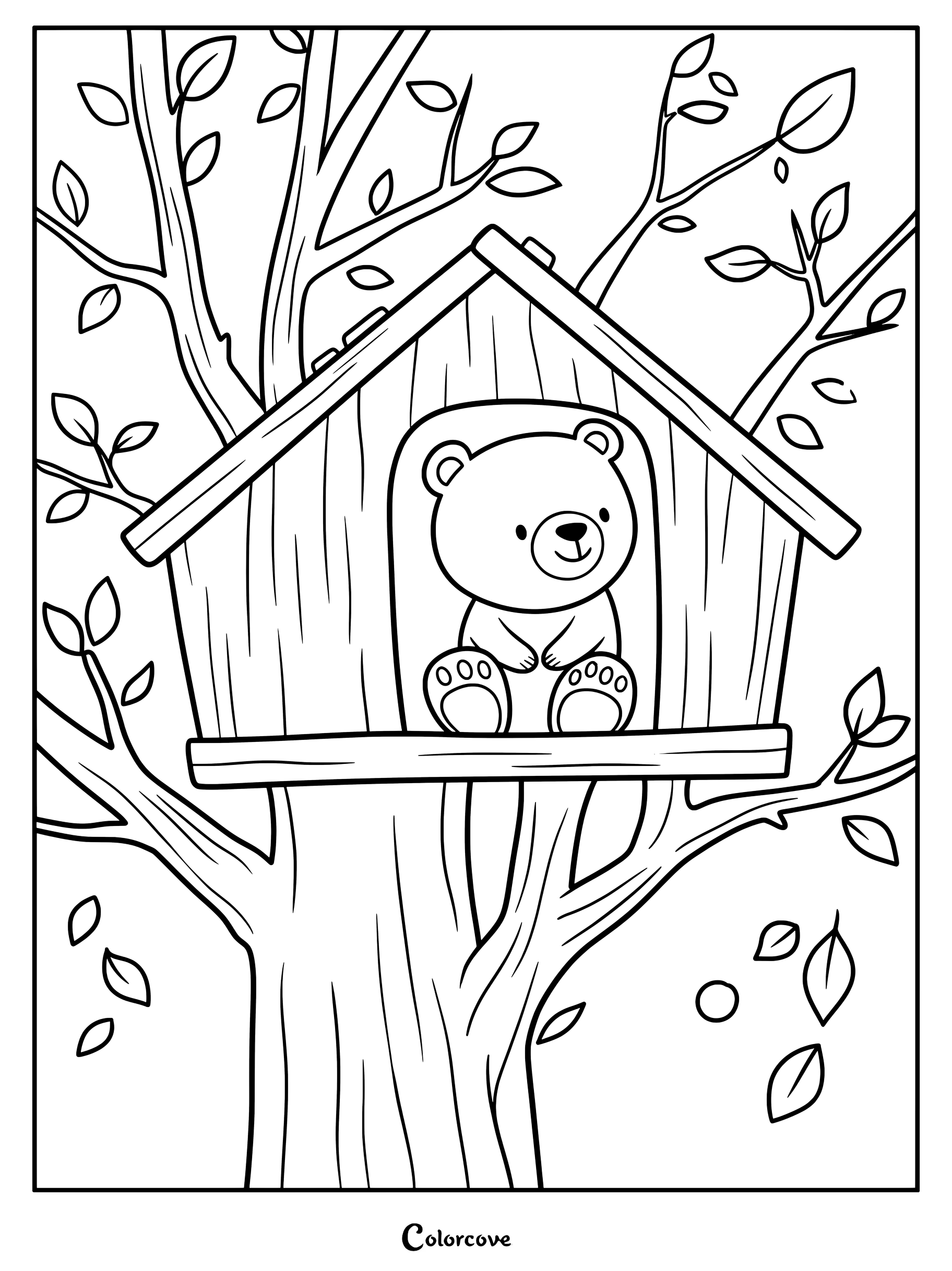 Un ours mignon assis dans une cabane dans les arbres en bois entourée de branches feuillues, prêt pour un coloriage