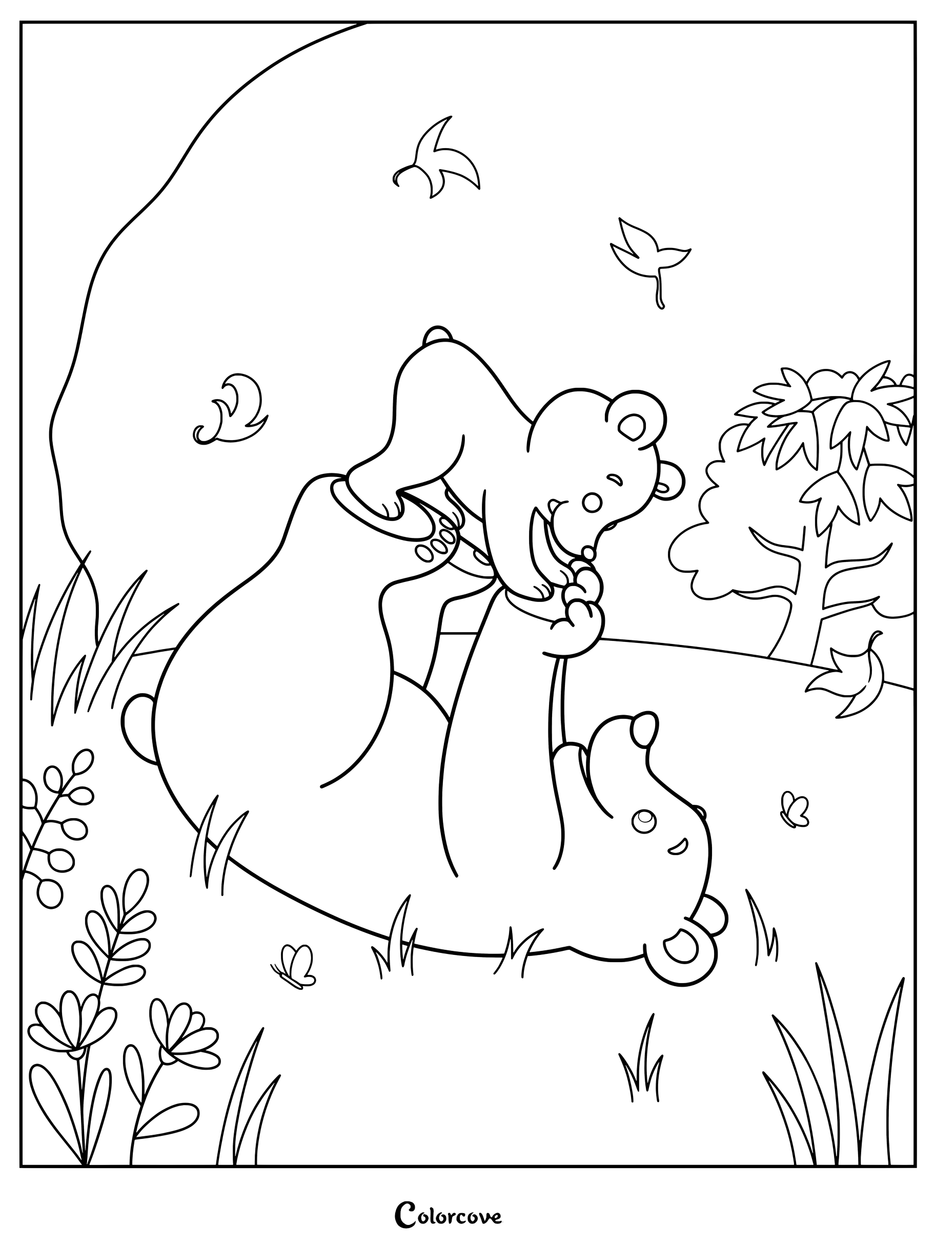 Un ours mignon allongé sur le dos dans l'herbe en tenant son ourson dans les airs, parfait pour un coloriage.