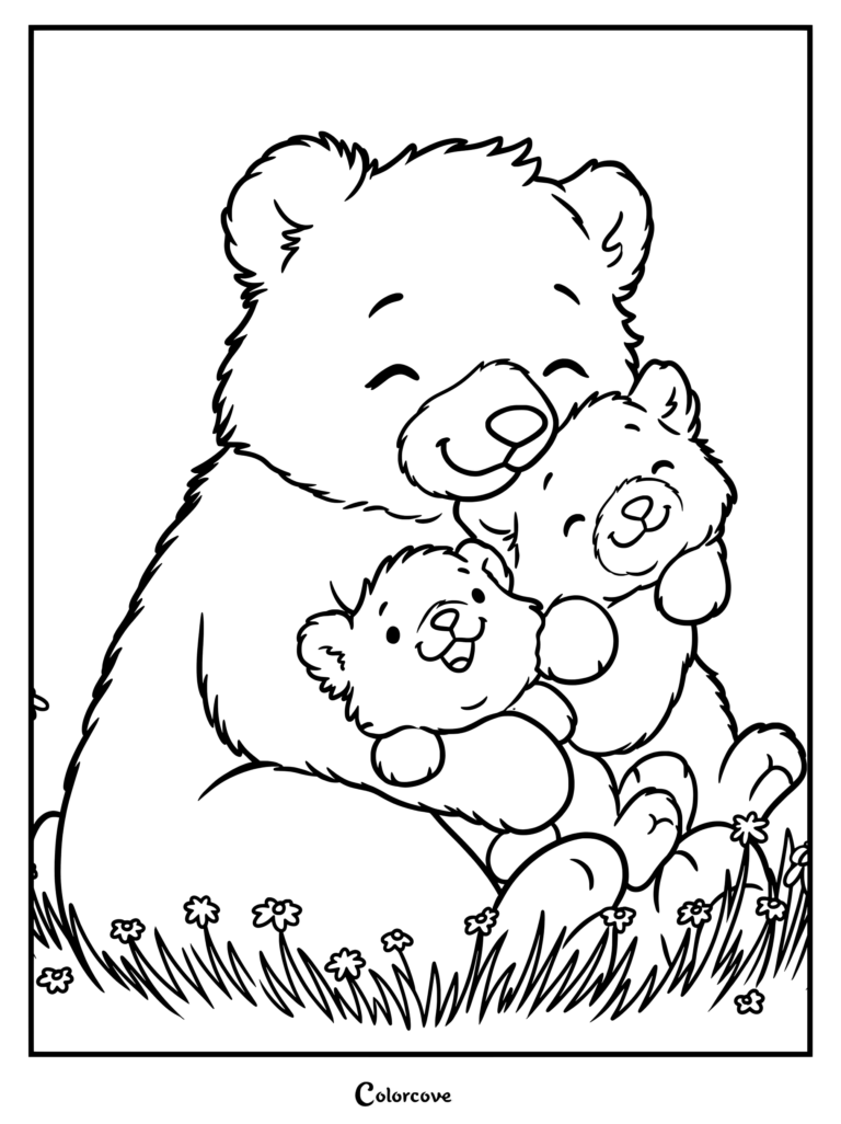 Un dibujo para colorear de un oso tierno mostrando a un oso grande y feliz abrazando a dos oseznos juguetones en un prado de flores.
