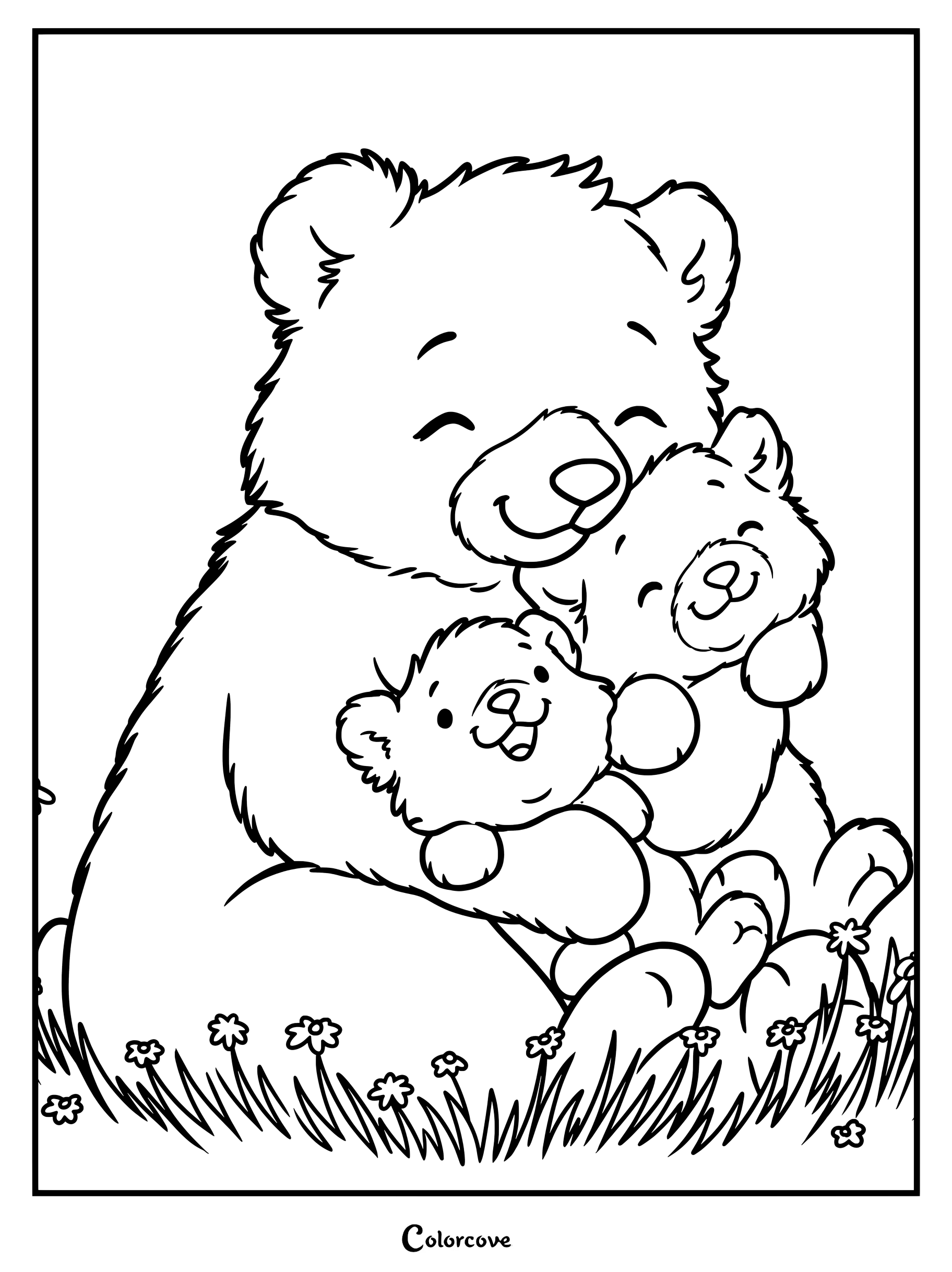 Un coloriage d'ours mignon montrant un grand ours joyeux serrant deux oursons joueurs dans un champ de fleurs.