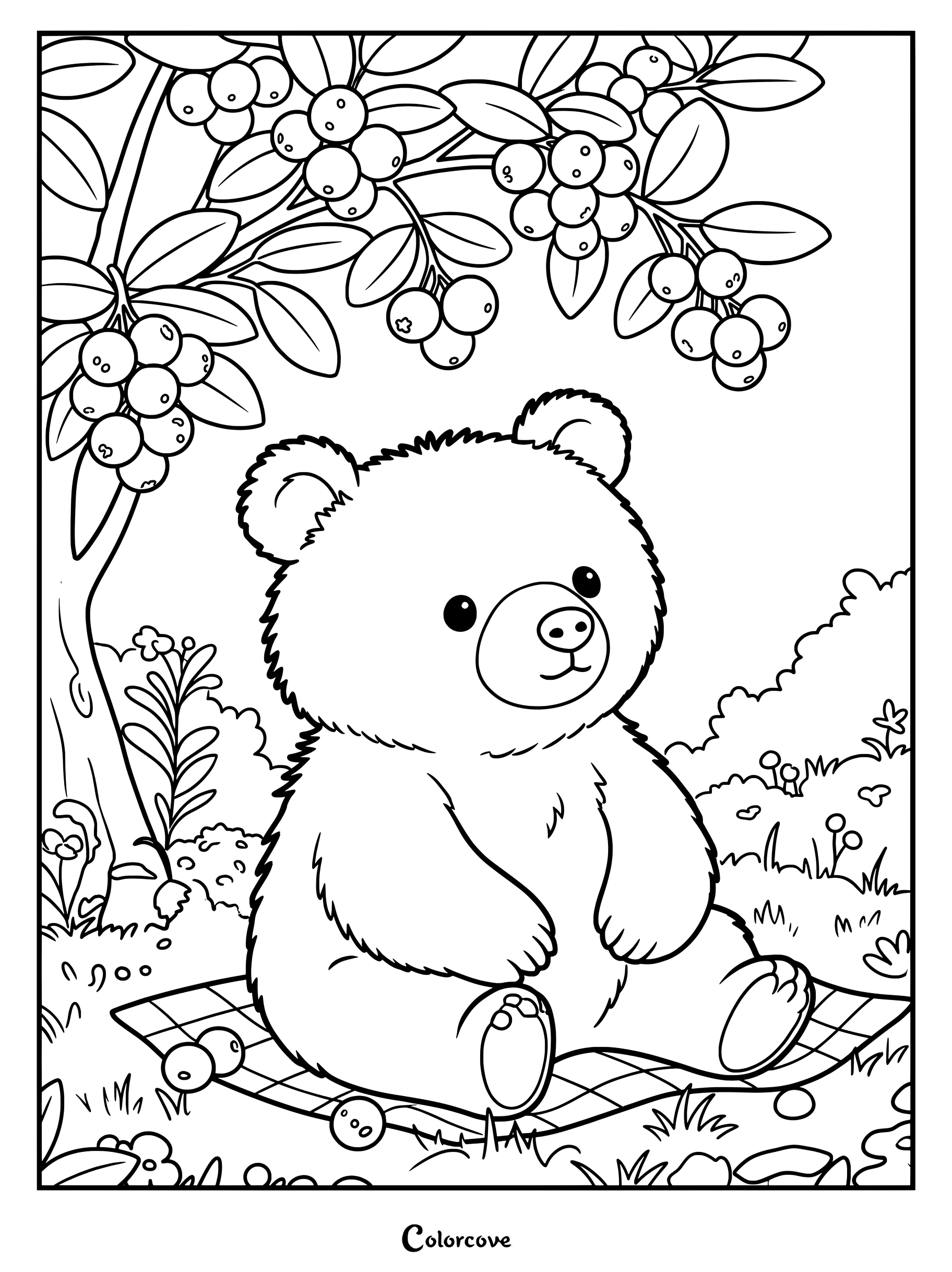 Un ours mignon assis sur une couverture sous un arbre à baies luxuriant sur ce coloriage au trait.