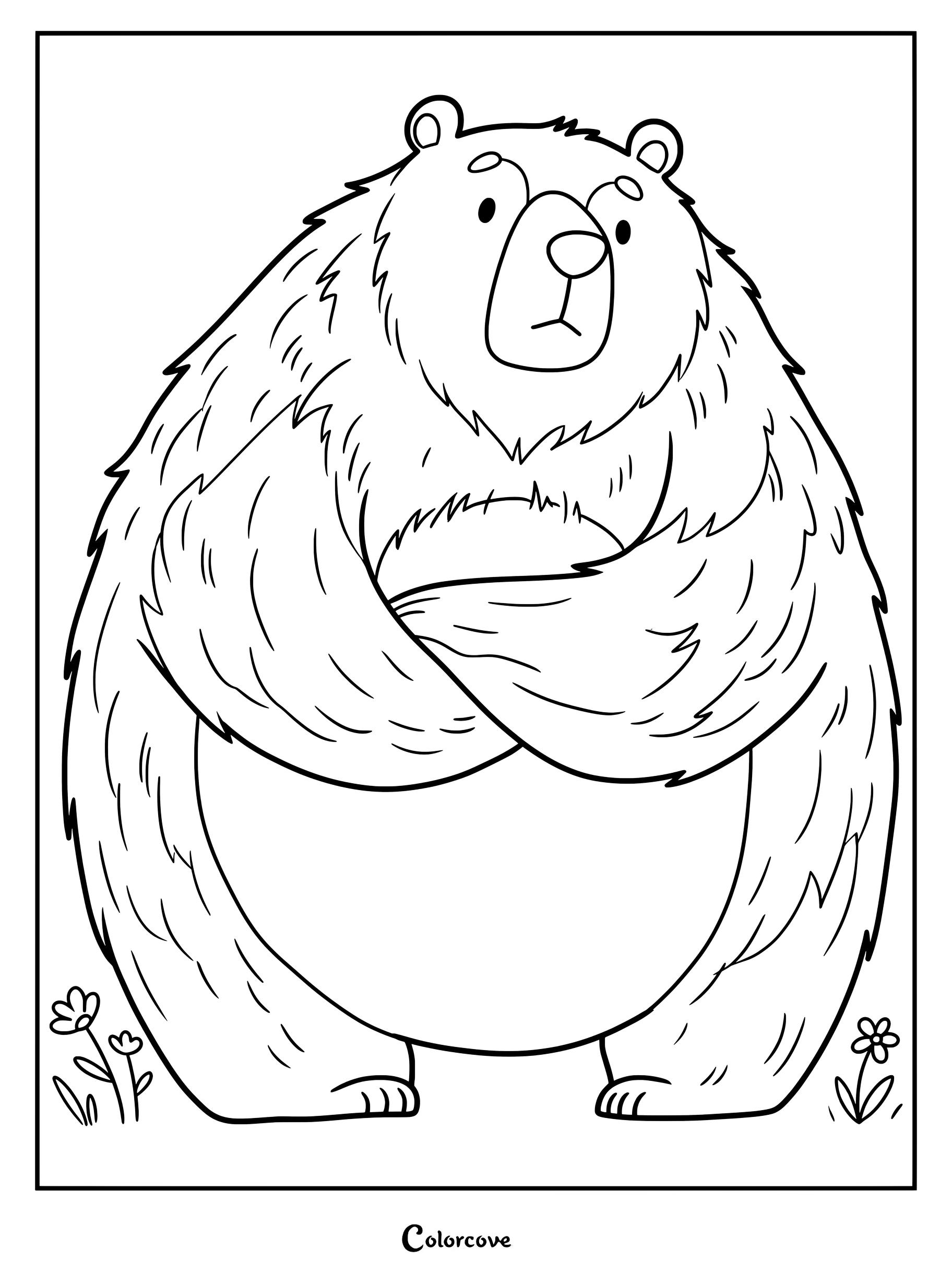 Coloriage d'un ours mignon mettant en scène un grizzly poilu debout, les bras croisés dans un champ de fleurs