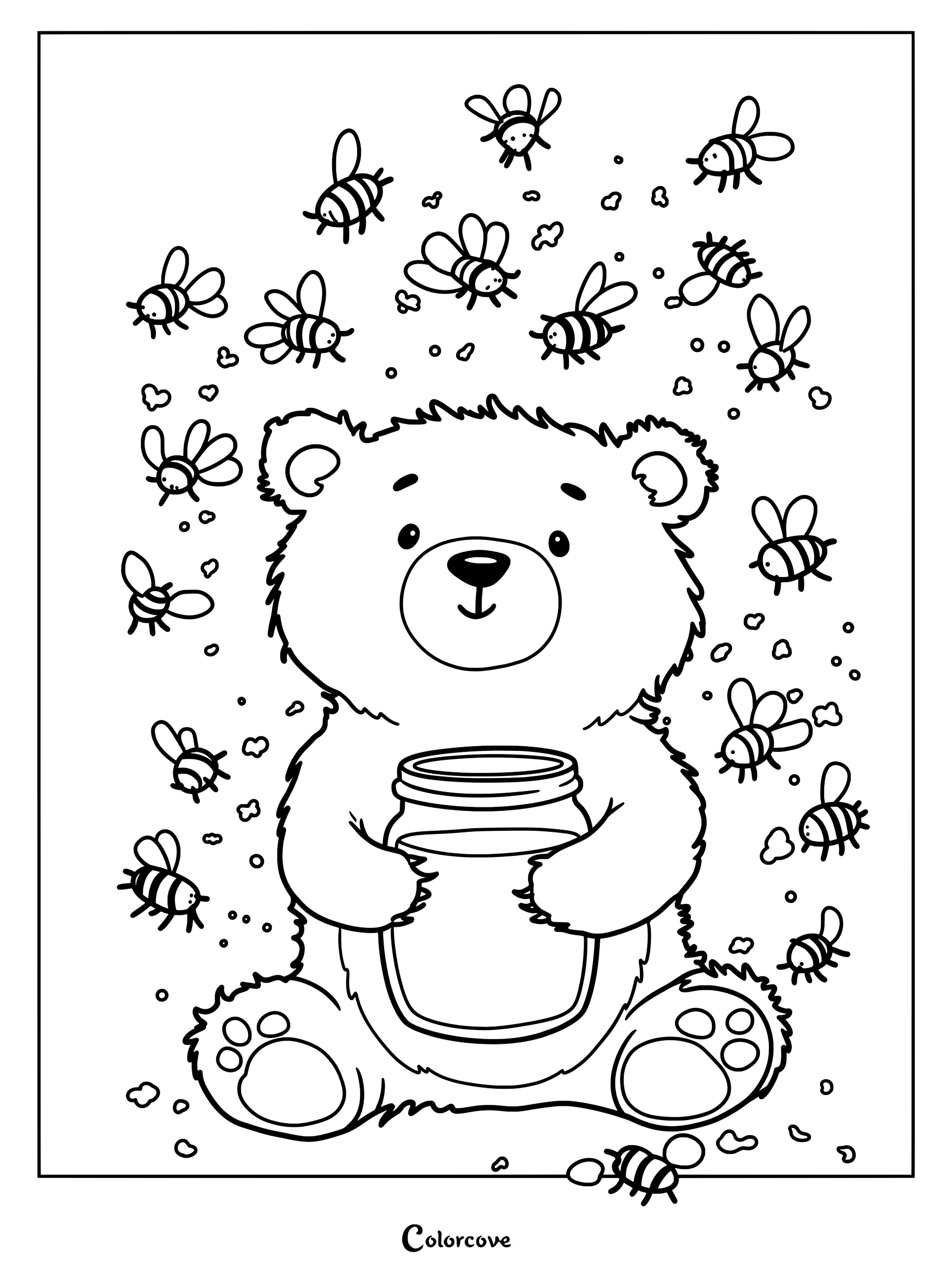 Un ours mignon tenant un pot de miel entouré d'abeilles bourdonnantes sur ce coloriage.
