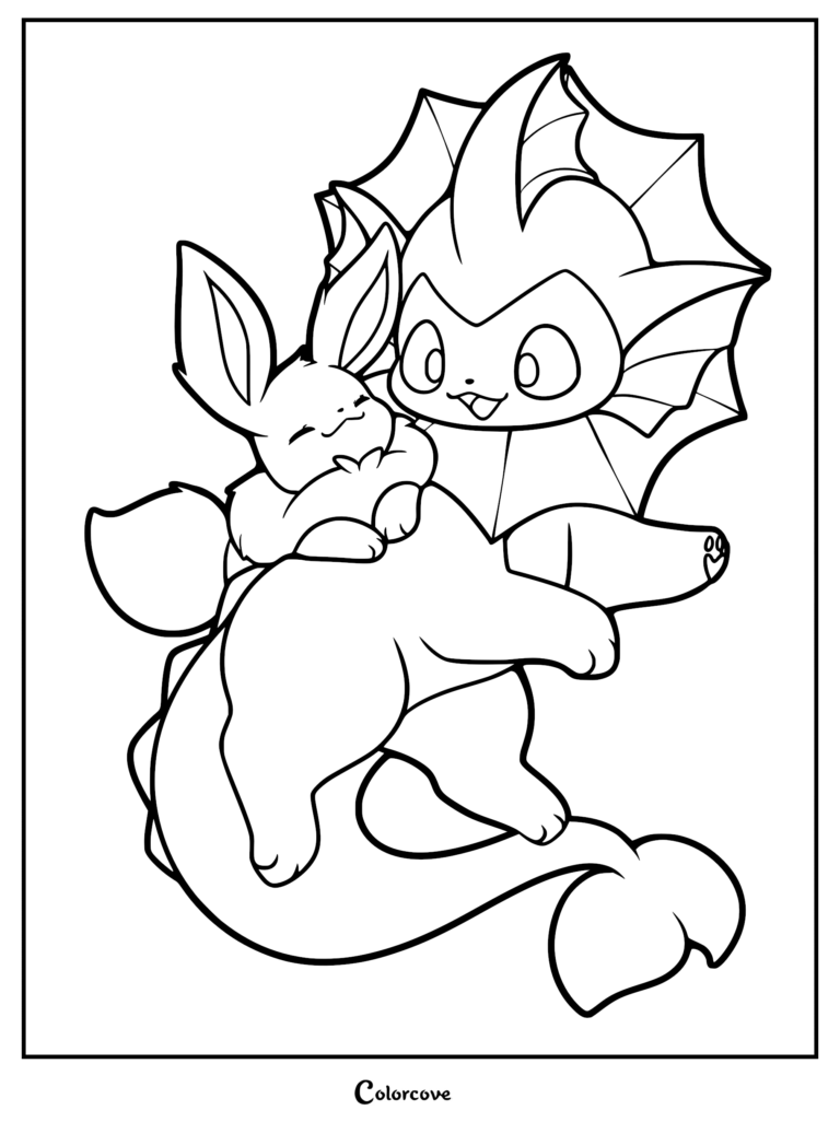 A cute coloring page featuring Eevee resting comfortably in the arms of a happy Vaporeon.