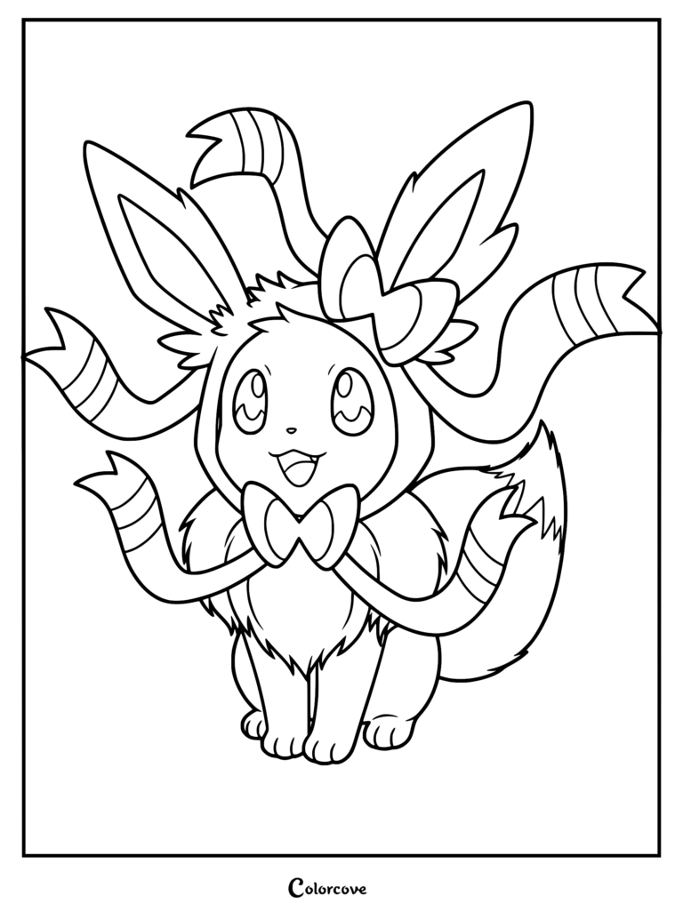 Eevee wearing a Sylveon poncho with long ribbons and a bow, printable coloring page.