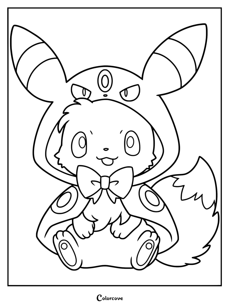 Eevee wearing a Umbreon poncho with a bow tie, printable coloring page.