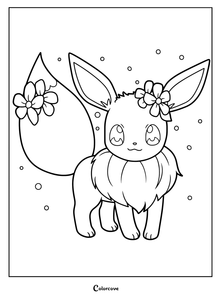 Eevee with flowers coloring page featuring the character adorned with floral accessories on its ear and tail amidst floating bubbles.