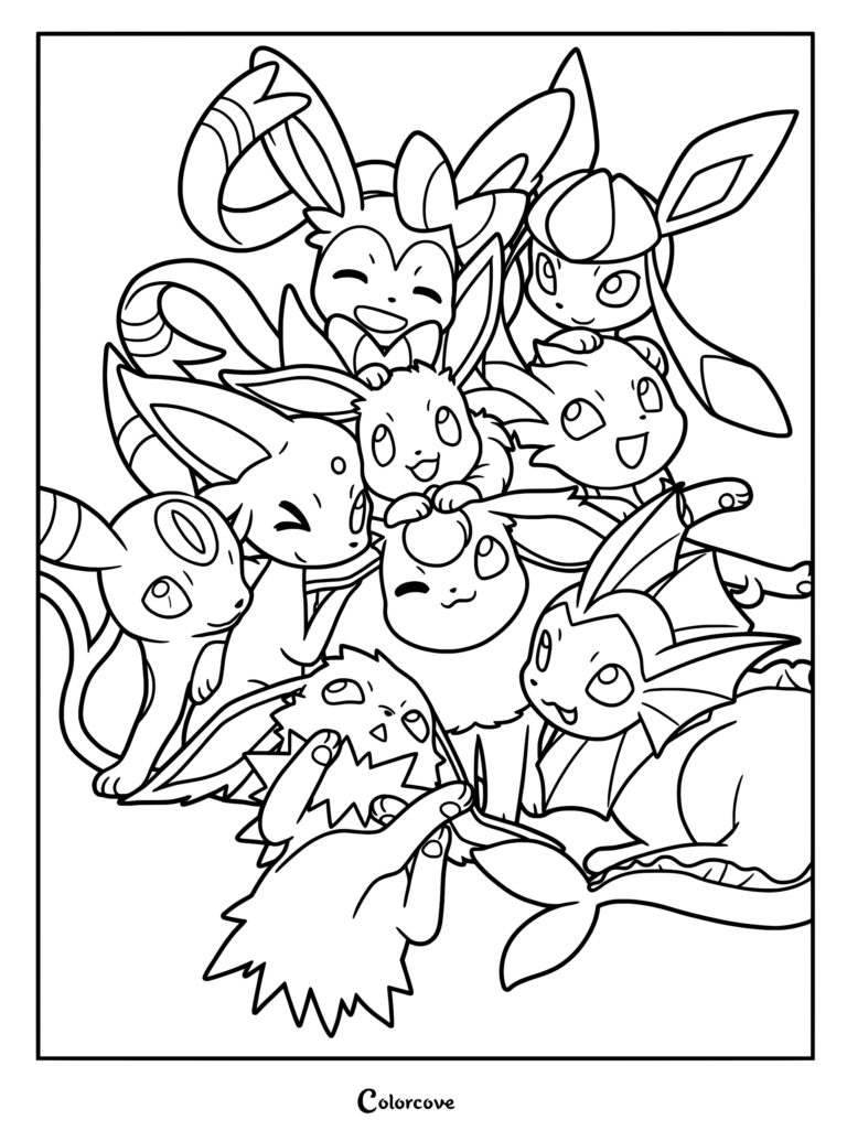 All nine Eeveelutions gathered together in a joyful group hug.