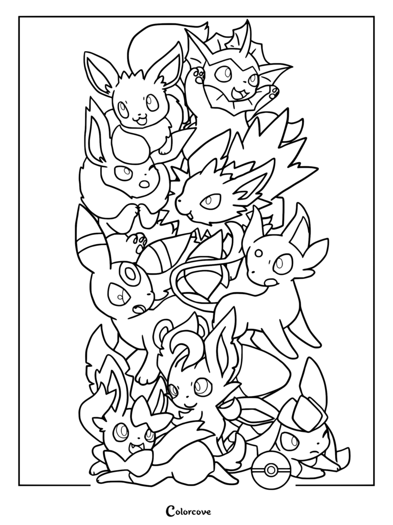 A detailed coloring page featuring Eevee, Vaporeon, Jolteon, Flareon, Espeon, Umbreon, Leafeon, Glaceon, and Sylveon stacked together in a cute group.