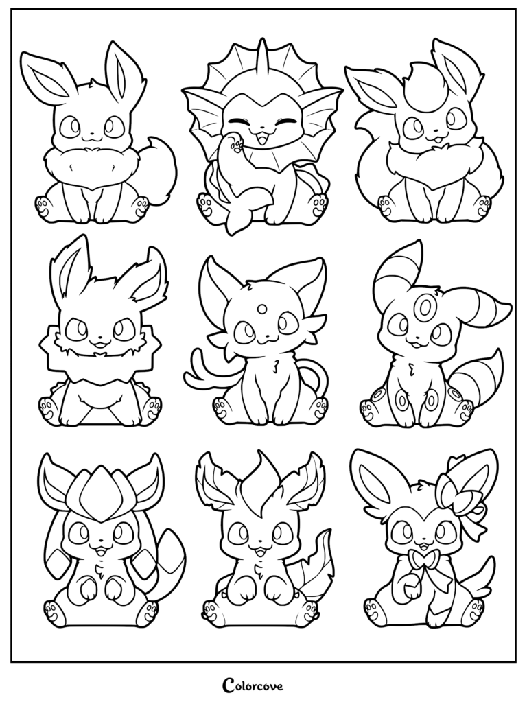 Nine chibi Eeveelutions sitting together in a grid layout.