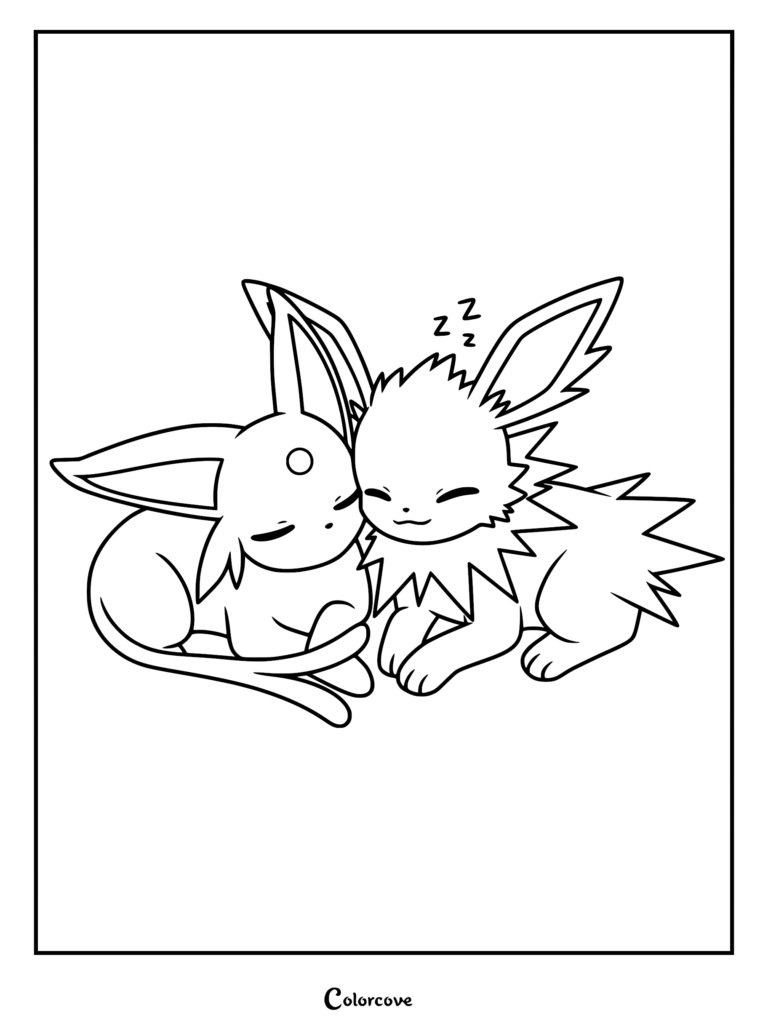 A cute coloring page featuring Espeon and Jolteon napping side by side with Zzz symbols.