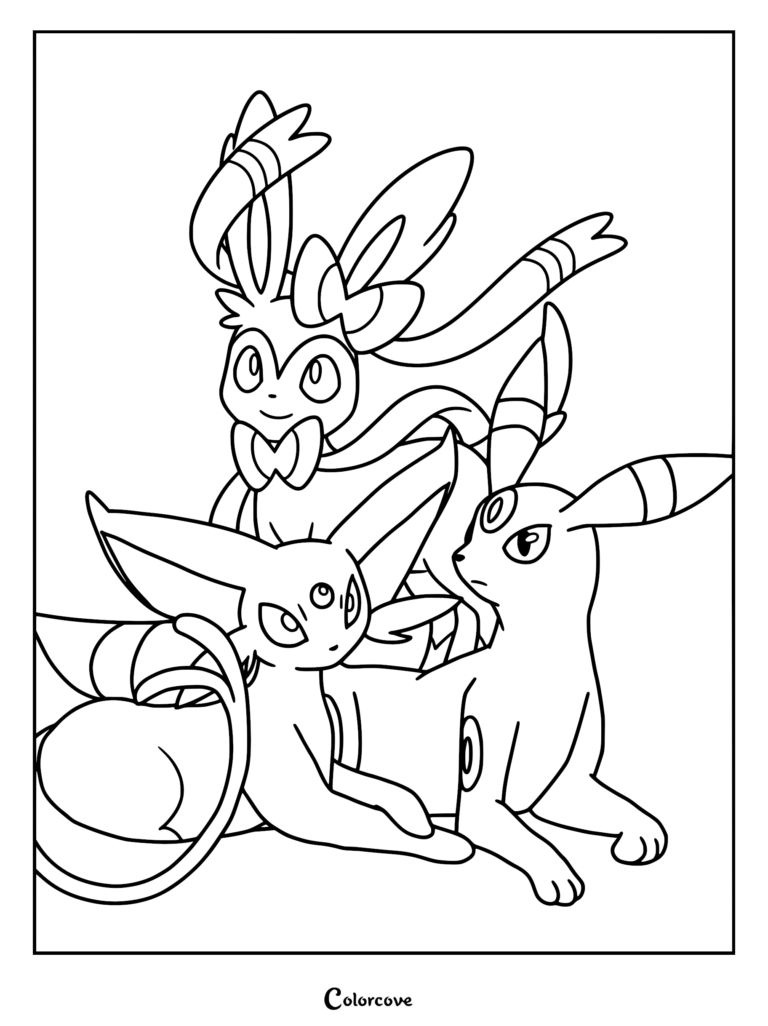 A printable coloring page featuring Espeon, Umbreon, and Sylveon posing together in a group illustration.