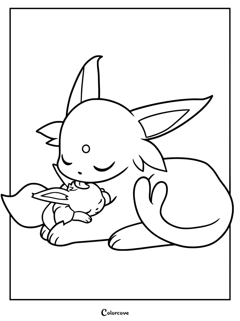 Espeon, a Psychic-type Pokémon, cuddling with a smaller Eevee in this printable coloring page.