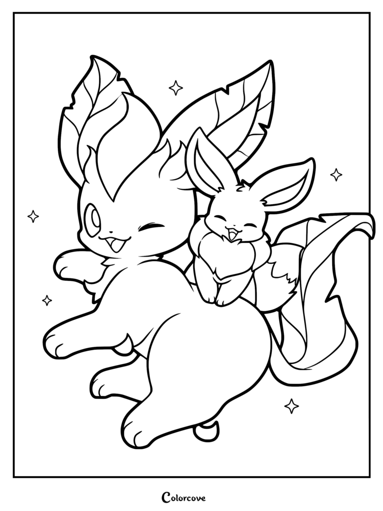 A cute coloring page featuring Eevee resting on Leafeon with sparkling stars in the background.